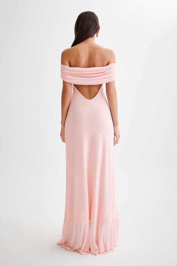 Shop Formal Dress - Audrey  Off Shoulder Mesh Maxi Dress - Pale Pink third image