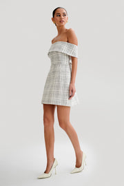 Helena Tweed Off Shoulder Mini Dress - White Check