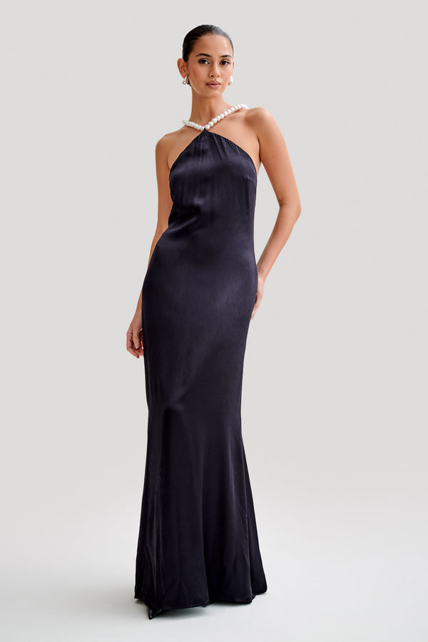 Collective Dress - Blanche Satin Pearl Halter Maxi Dress - Black image 2