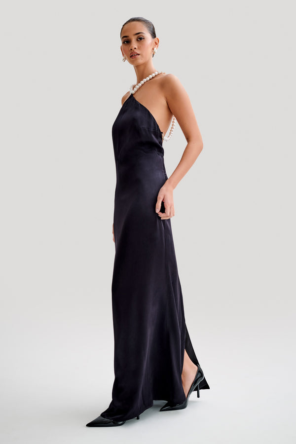 Collective Dress - Blanche Satin Pearl Halter Maxi Dress - Black image 5