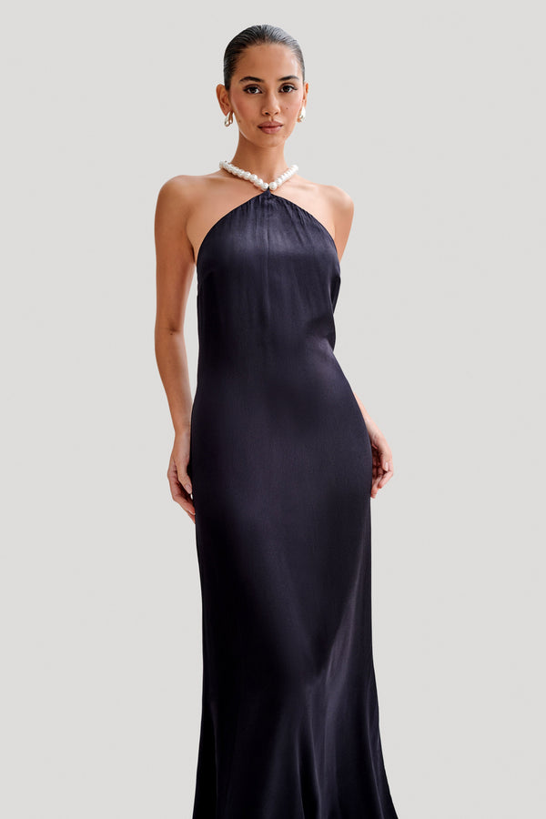 Collective Dress - Blanche Satin Pearl Halter Maxi Dress - Black image 6