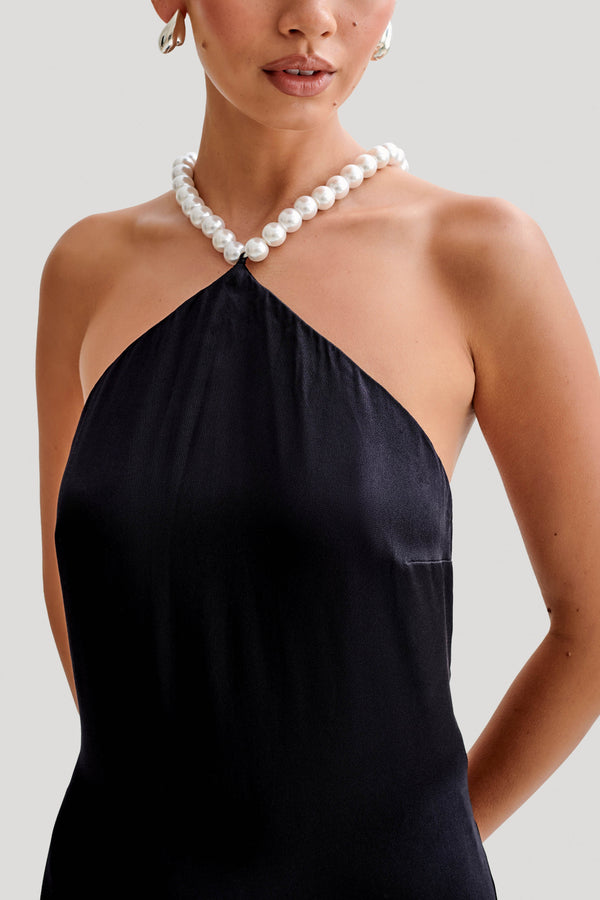 Collective Dress - Blanche Satin Pearl Halter Maxi Dress - Black image 3