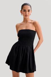 Holland Linen Shirring Mini Dress - Black
