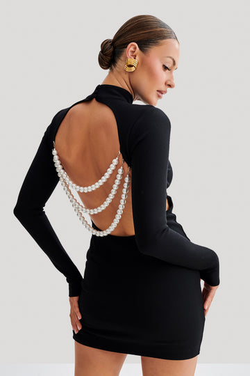 Agatha Crepe Pearl Mini Dress - Black