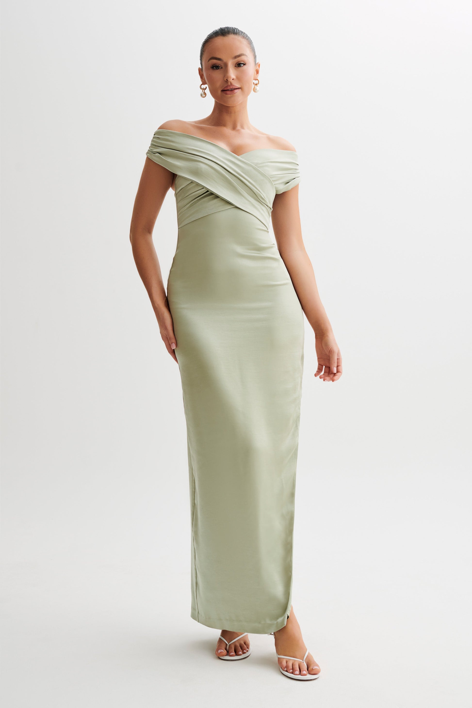 Collective Dress - Harley Off Shoulder Satin Maxi Dress - Sage image 1