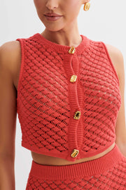 Lorenza Crochet Button Down Crop Top - Pomegranate