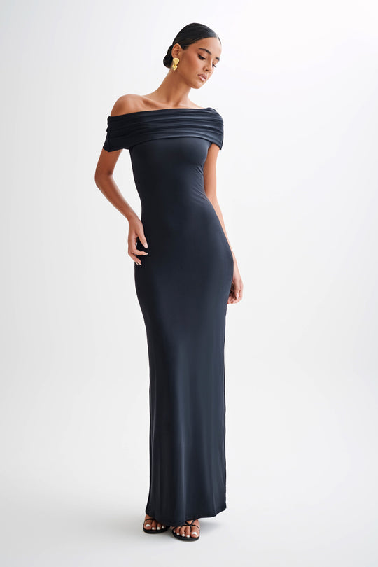 Shop Formal Dress Black - Dress Maxi Slinky Shoulder Off  Cassandra