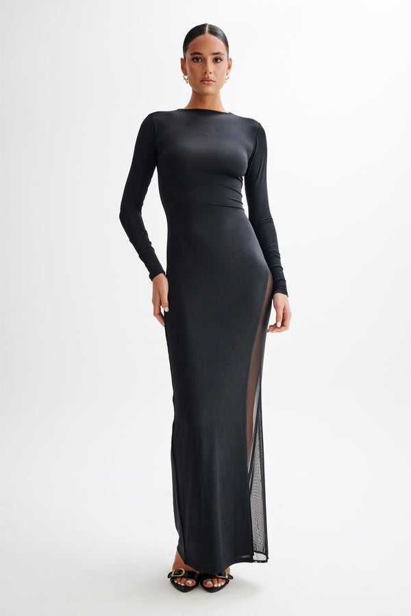 Collective Dress - Andretti Slinky Long Sleeve Maxi Dress With Mesh - Black image 4