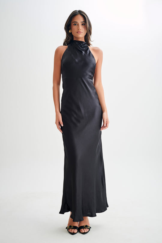 Esther Iridescent Satin Cowl Maxi Dress - Black - View 1 | Shop Formal Dress