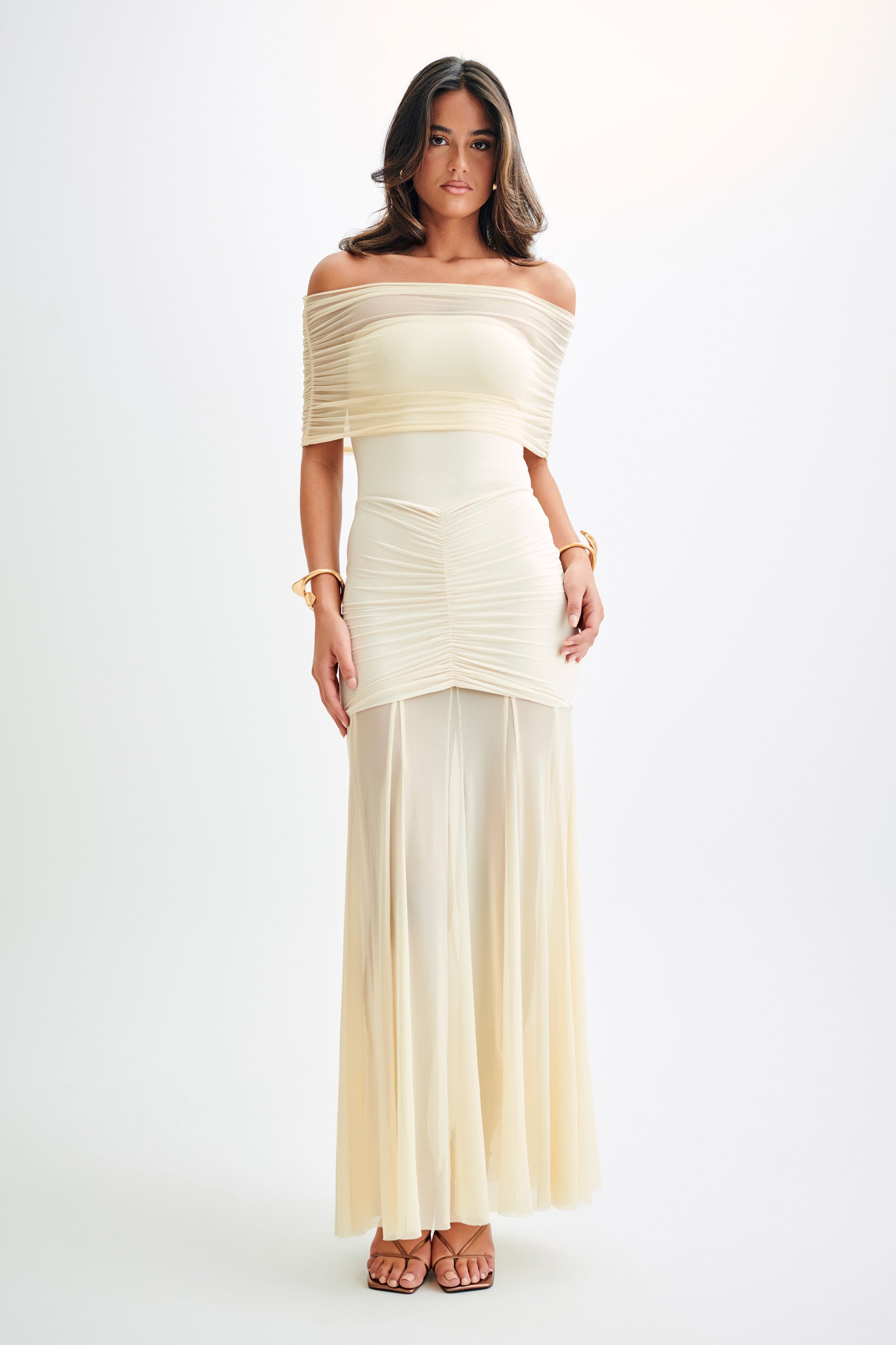Caspian Slinky And Mesh Off Shoulder Maxi Dress - Ivory - View 1 | Shop Formal Dress