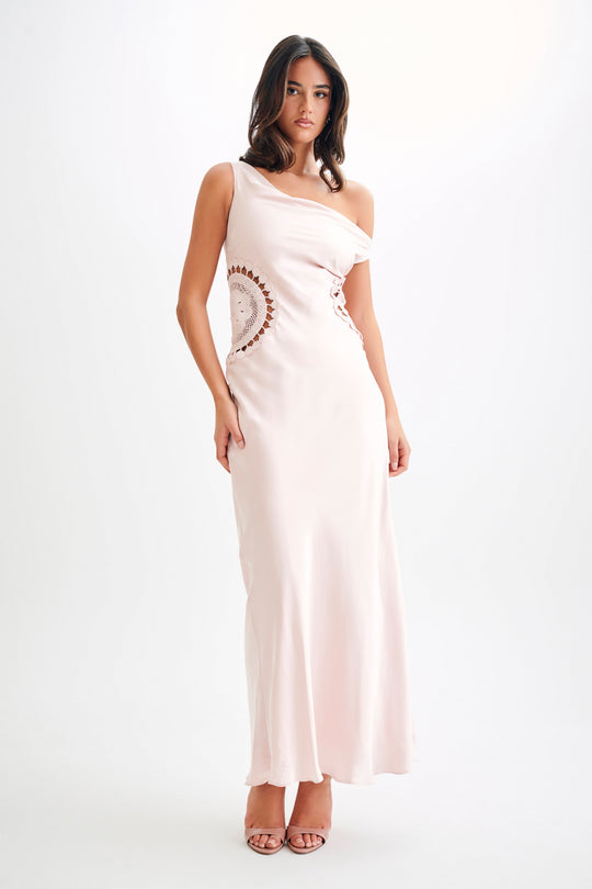 Kristina Satin Maxi Dress With Crochet - Pale Pink - View 1 | Shop Formal Dress