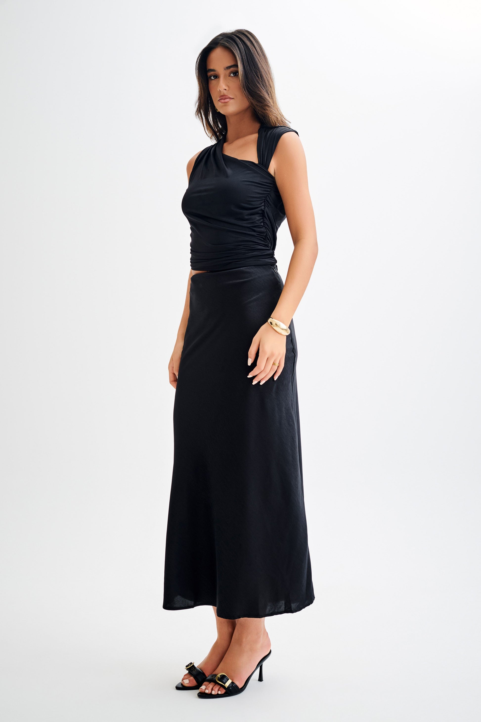 Collective Tops - Griselda Draped Slinky Sleeveless Top - Black sixth image