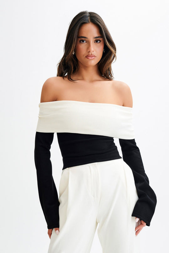 Collective Tops White/Black - Top Knit Overlay Contrast Yoko