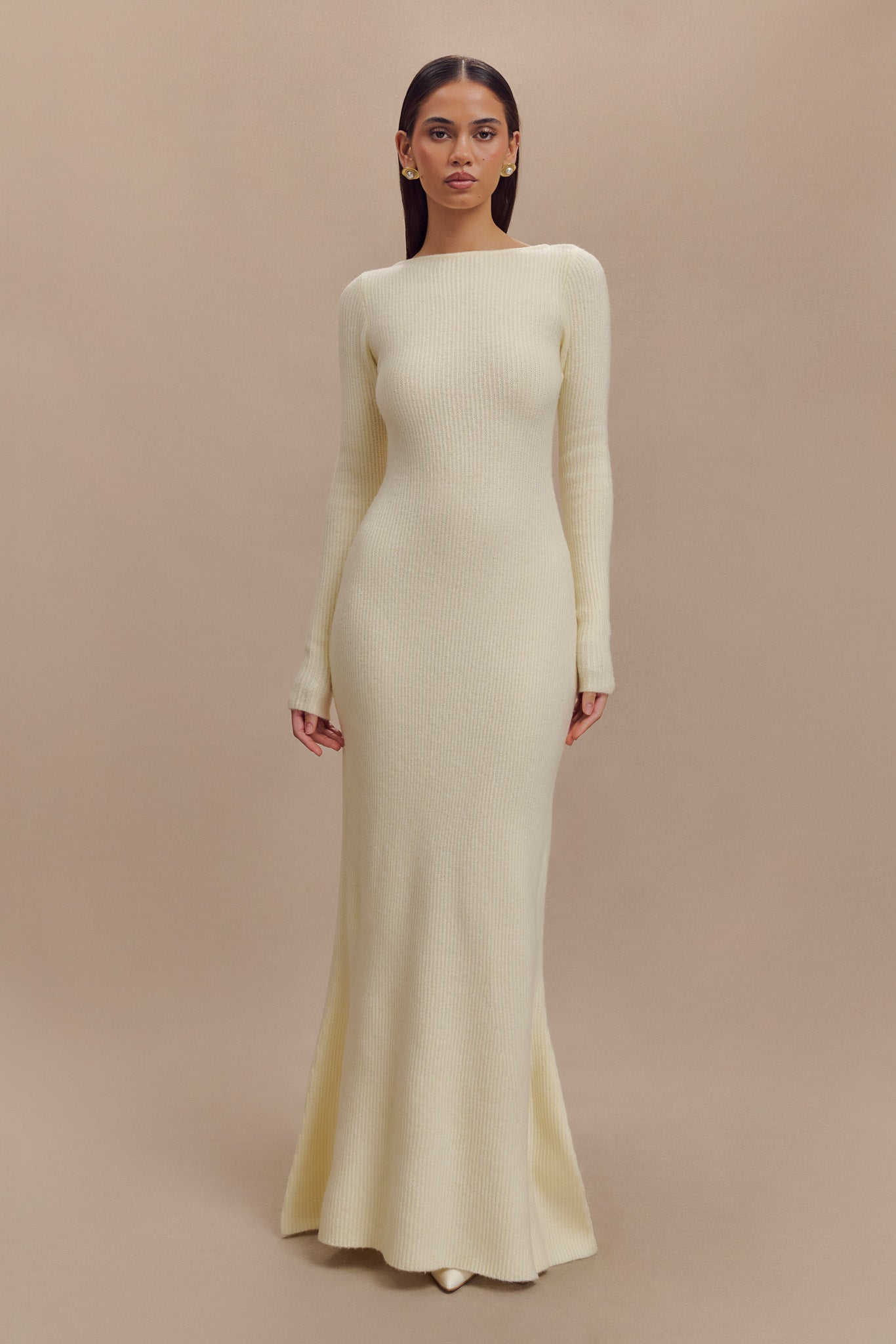 long sleeve white knit maxi dress Wrenna Bell Sleeve Knit Maxi Dress White