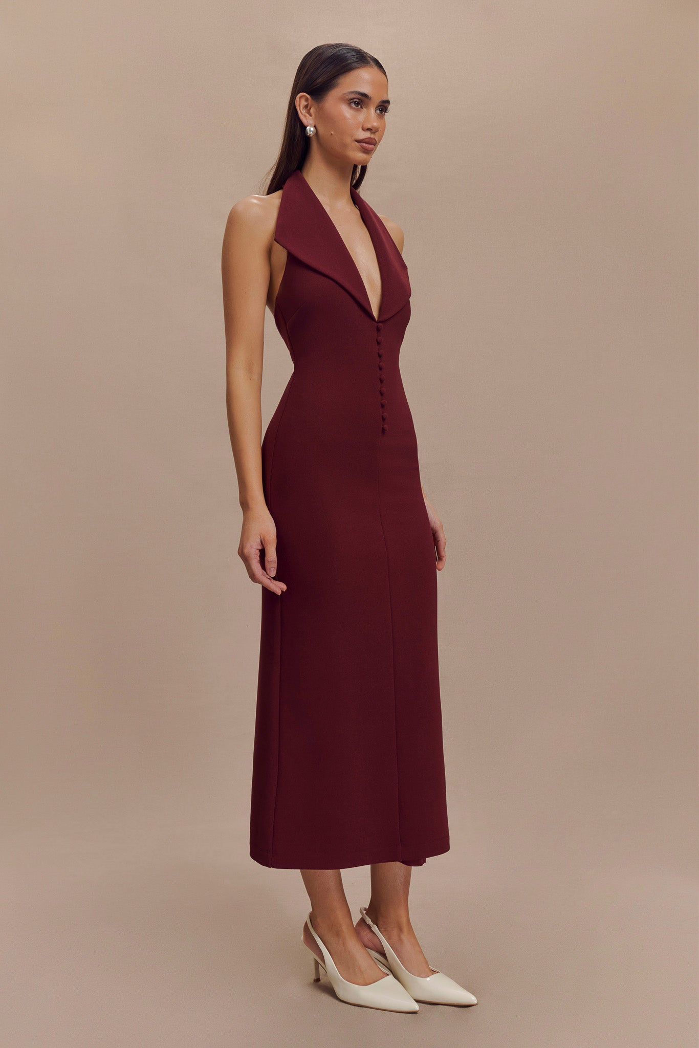 Annita Crepe Halter Midi Dress - Merlot - Image 4