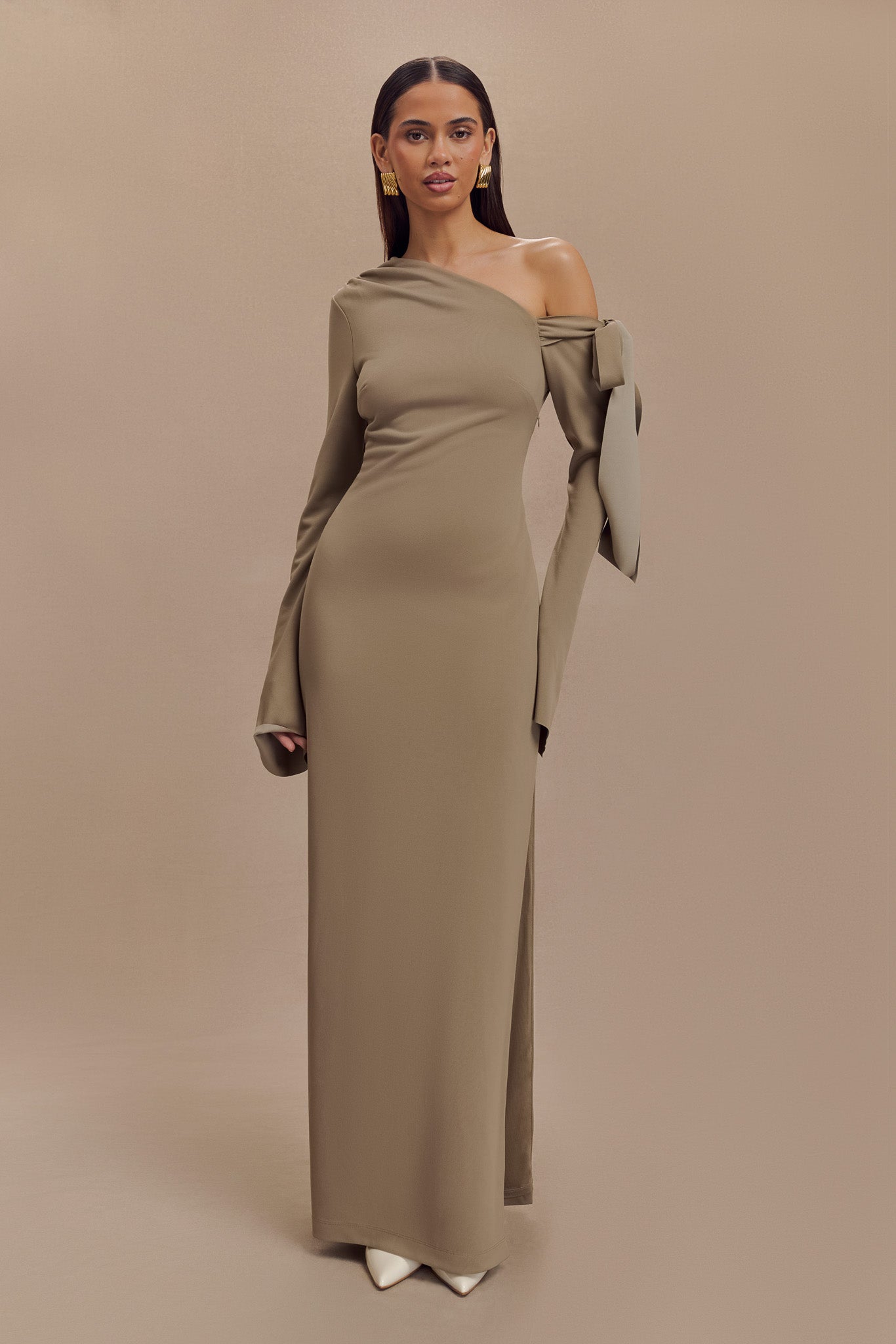Nicola One Shoulder Crepe Maxi Dress - Mushroom - View 3 | Shop Formal Dress