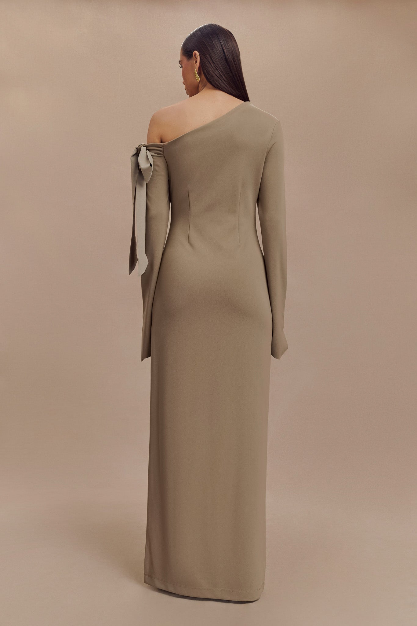Nicola One Shoulder Crepe Maxi Dress - Mushroom - View 4 | Shop Formal Dress