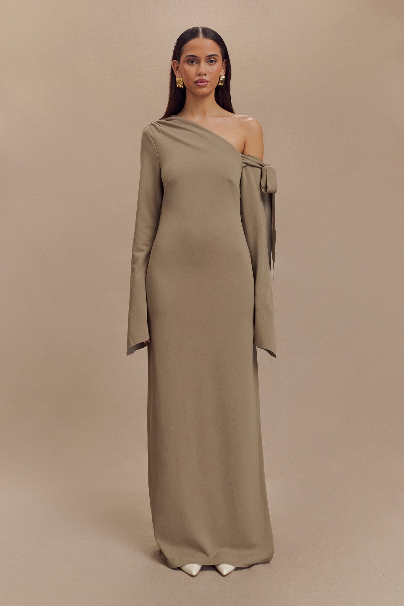 Nicola One Shoulder Crepe Maxi Dress - Mushroom - View 6 | Shop Formal Dress
