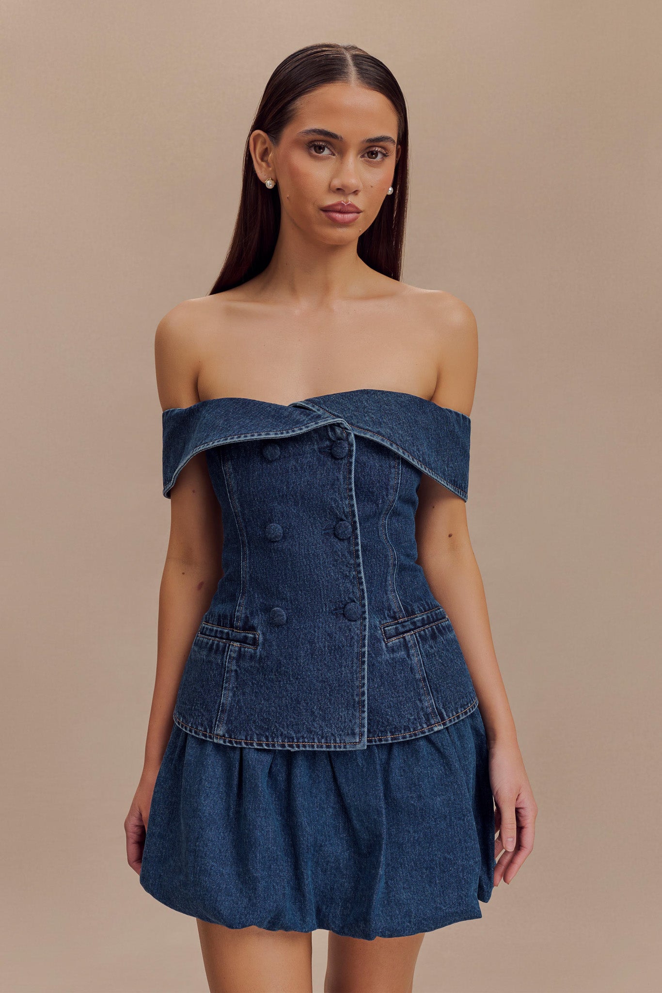 Krista Denim Off Shoulder Top - Dark Blue | MESHKI