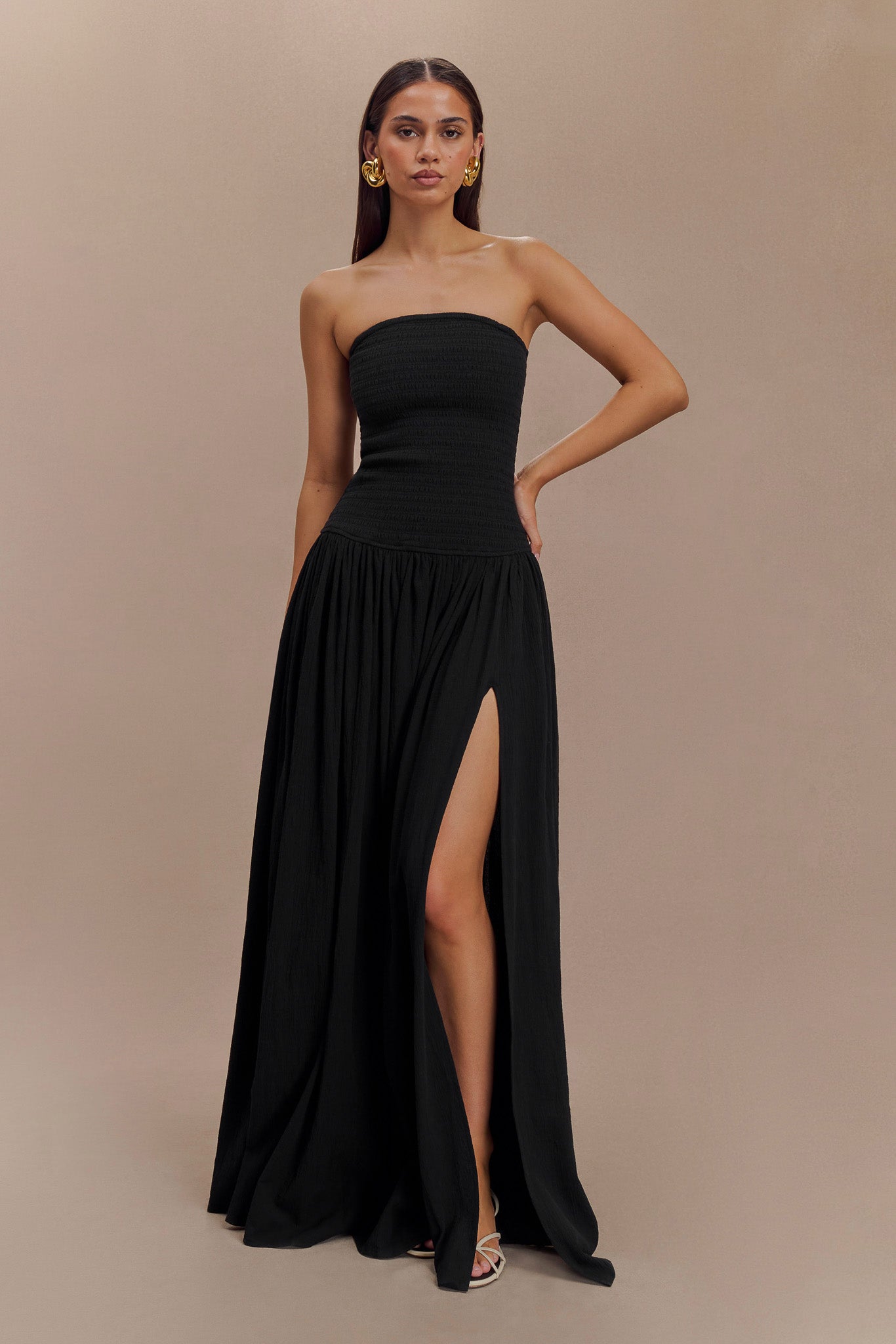 Maureen Cotton Shirring Maxi Dress Black MESHKI - Main Image