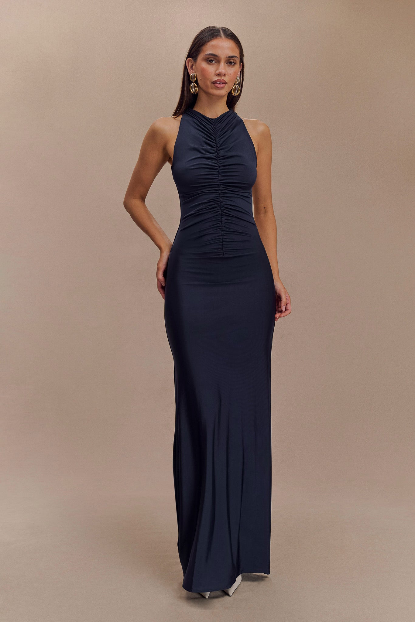 Collective Dress - Priya Slinky Ruched Halter Maxi Dress - Navy image 6