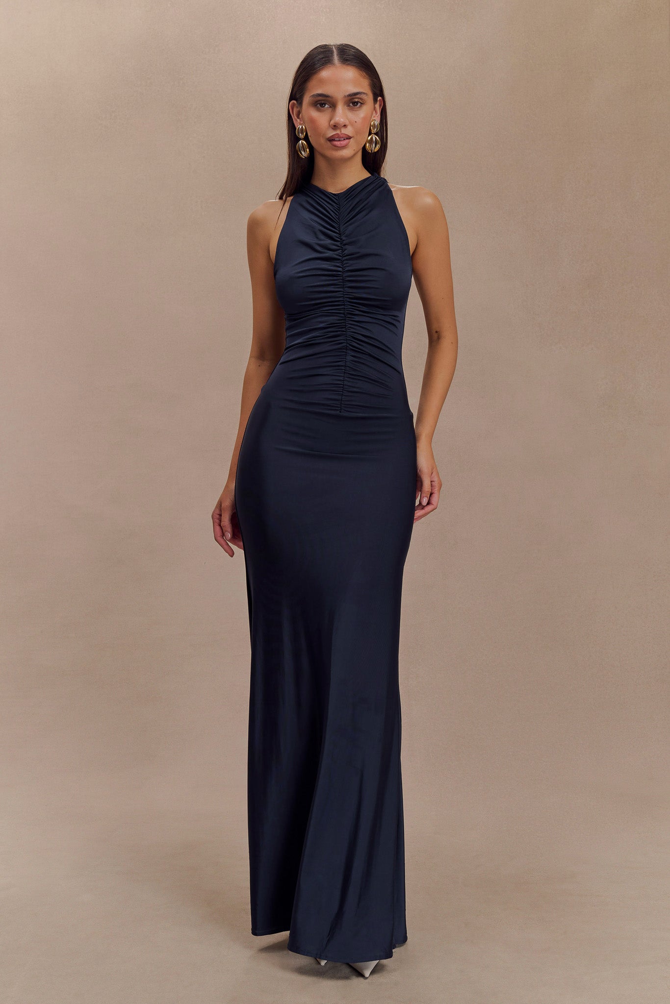 Collective Dress - Priya Slinky Ruched Halter Maxi Dress - Navy image 1