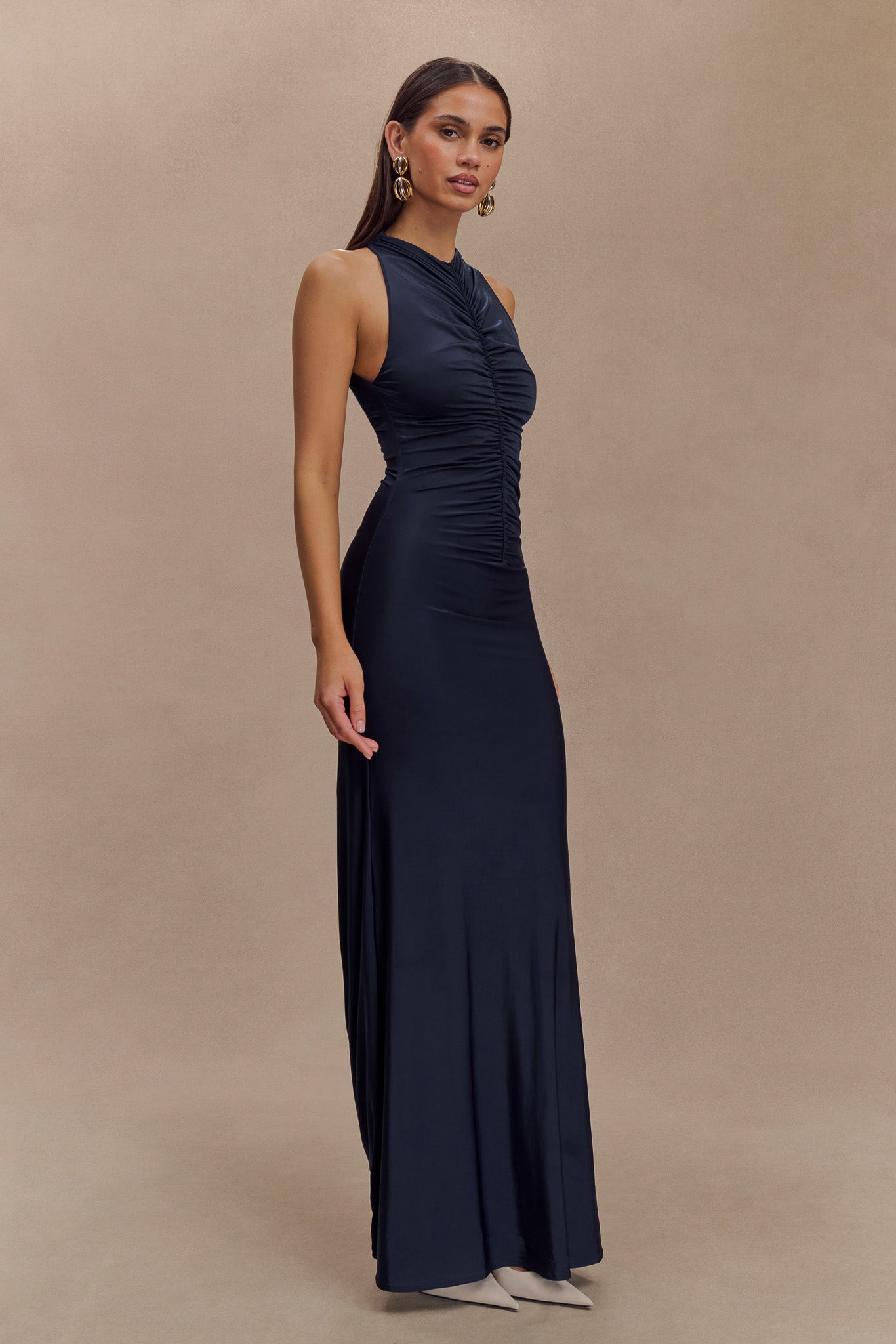 Collective Dress - Priya Slinky Ruched Halter Maxi Dress - Navy image 5