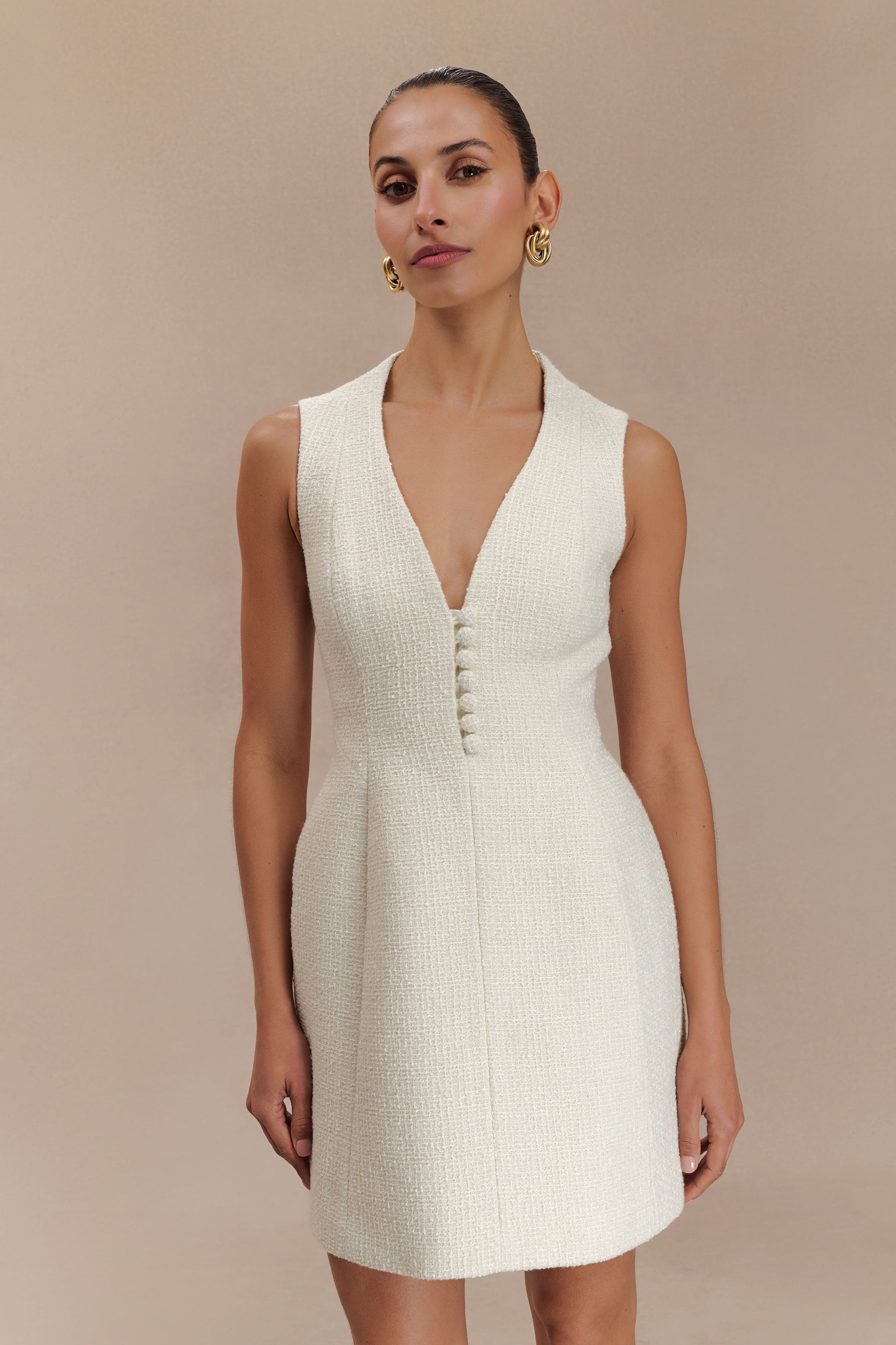 Danna Boucle Mini Dress With Pleats - White - Image 3