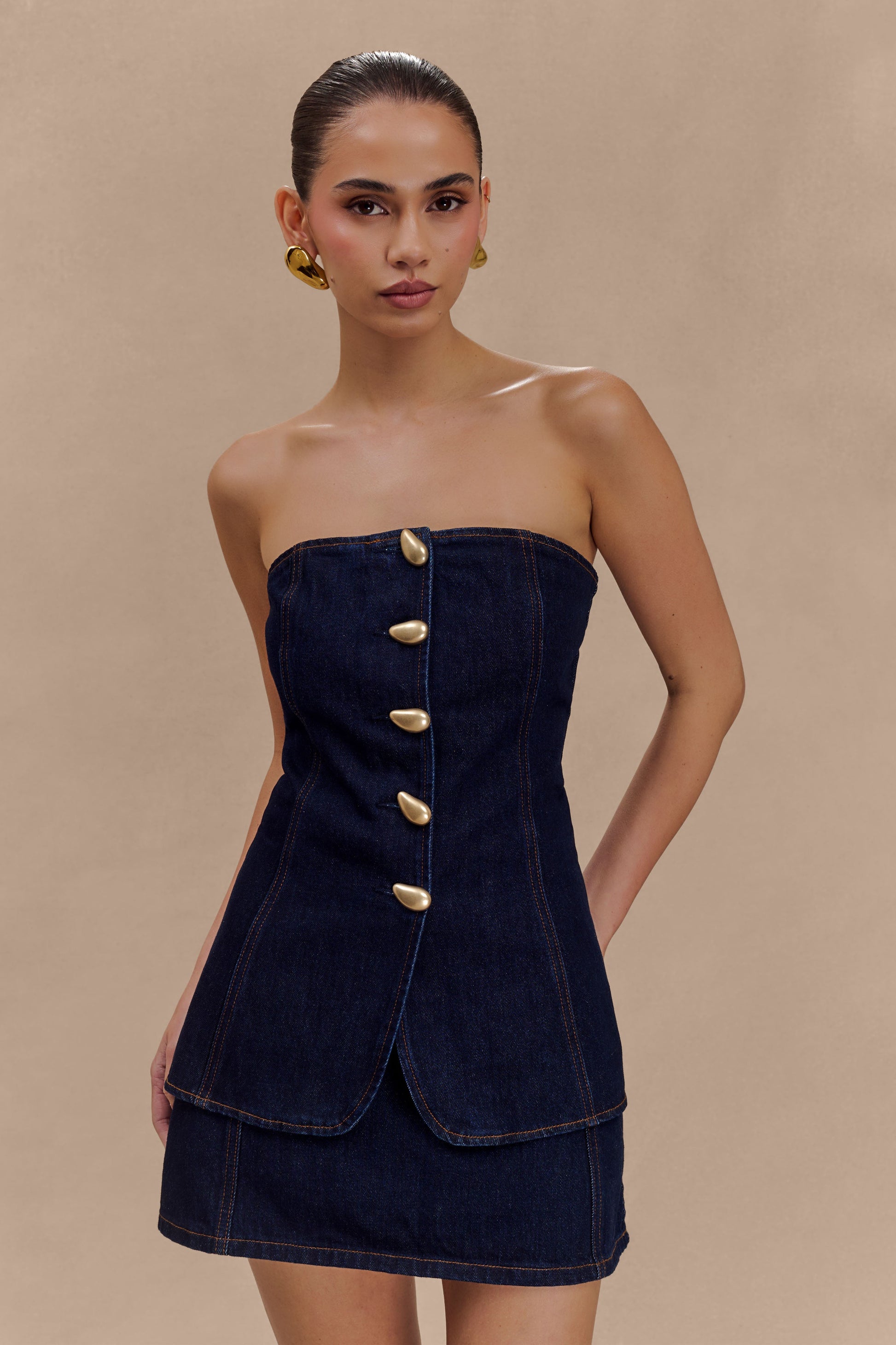 Collective Tops - Lennox Strapless Long Line Button Top - Indigo Blue secondary image