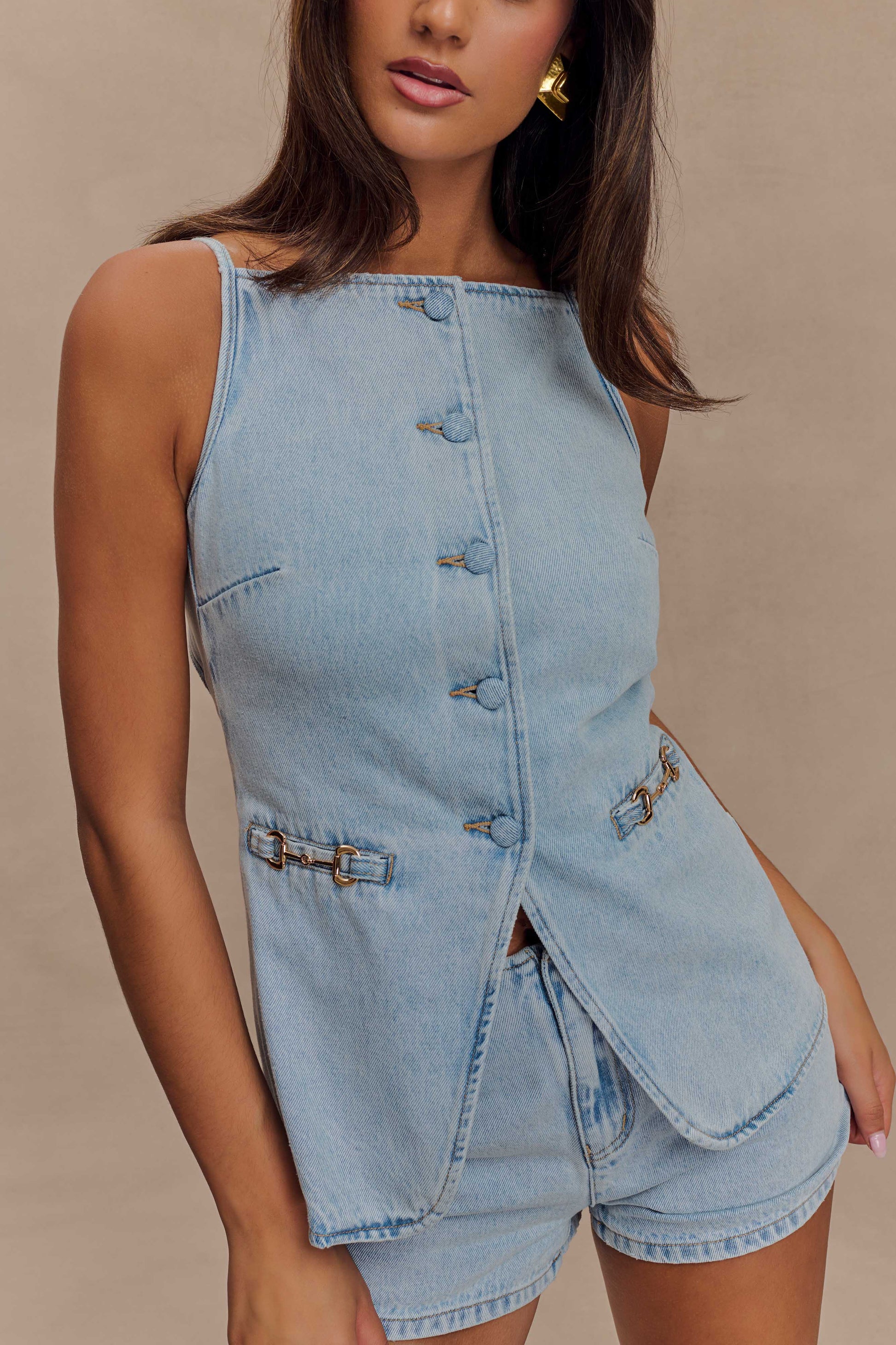 Collective Tops - Ashton Sleeveless Button Denim Top - Light Blue fourth image