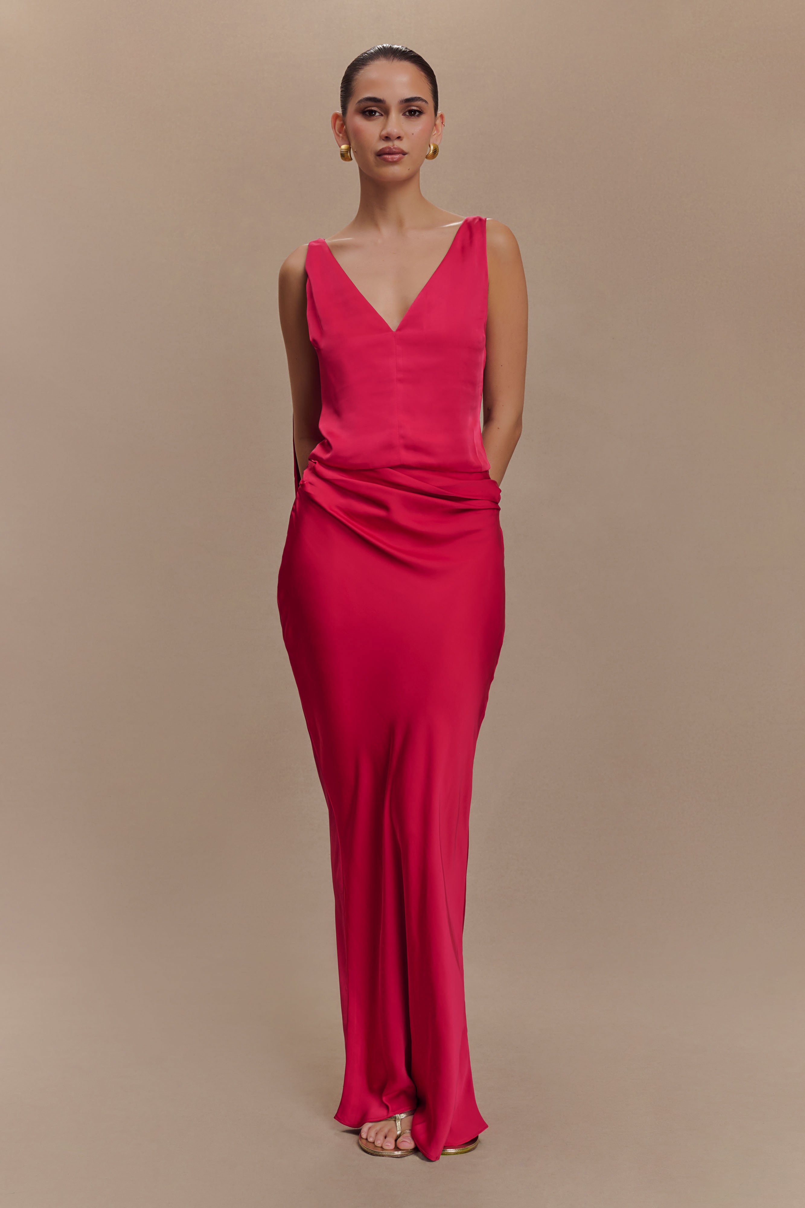 Hezeka Cinched Satin Top & Maxi Skirt Set - Brown main image 0