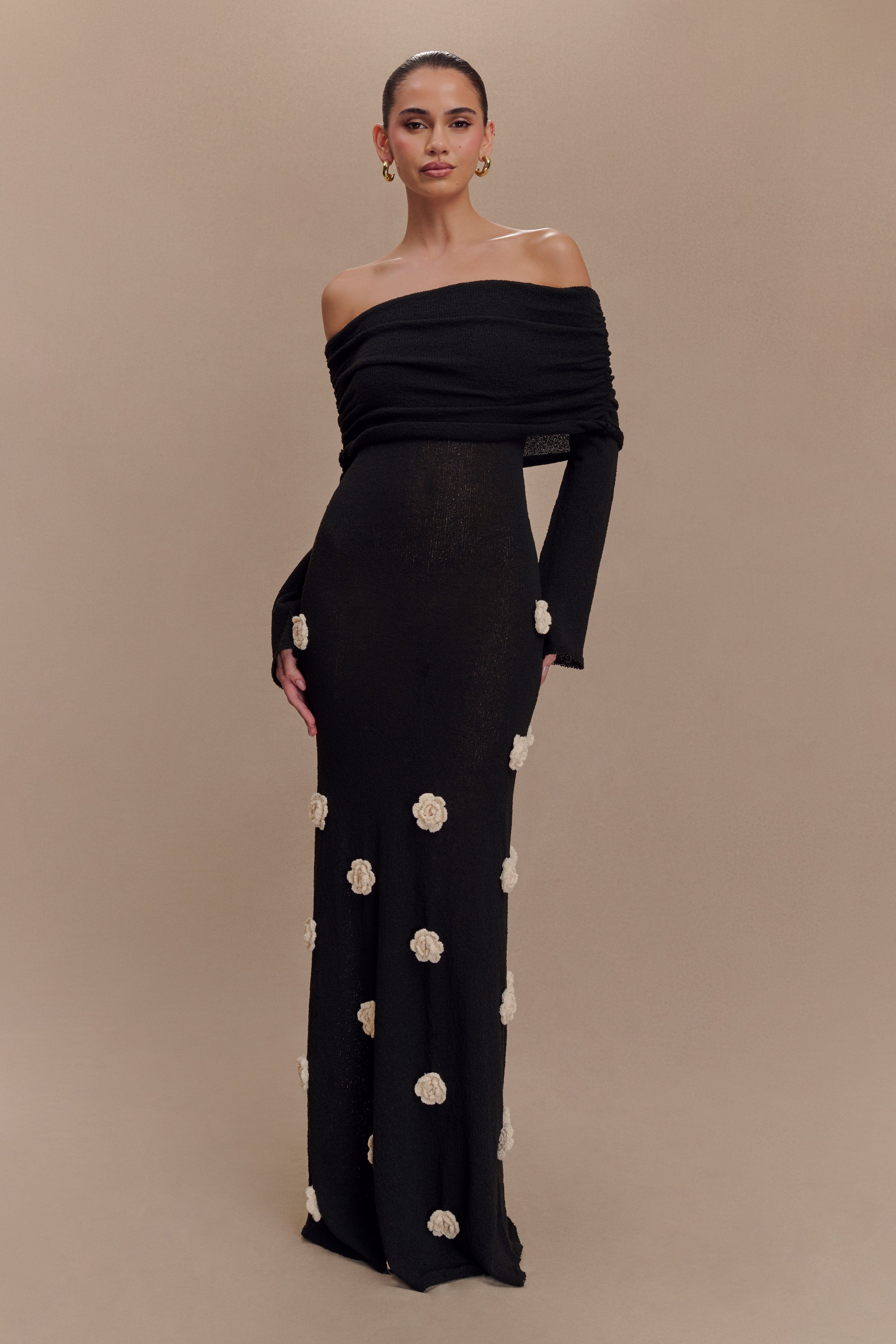 black knitted off shoulder dress Kiki Knit Rose Maxi - Black/White Sheer knit