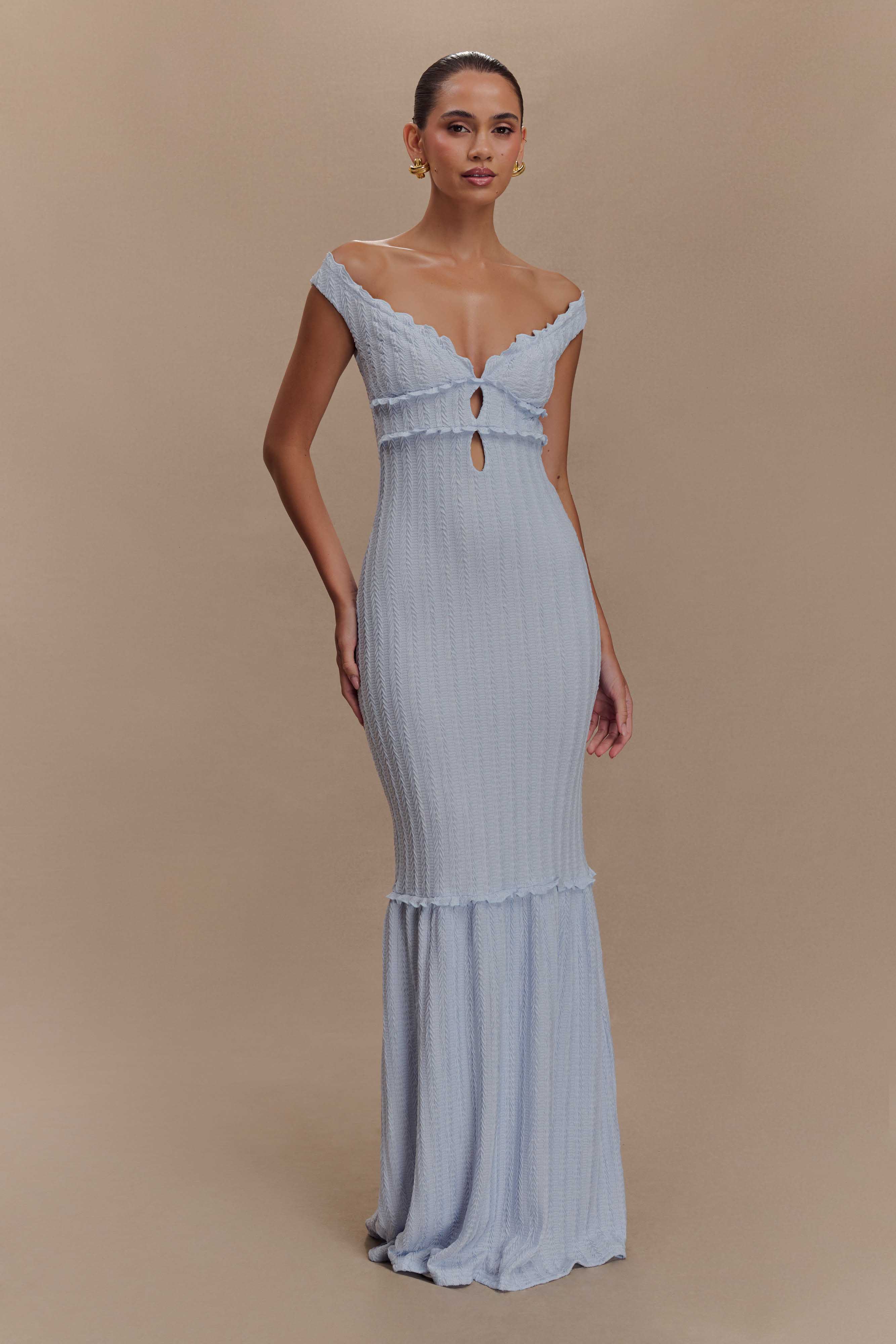after everything natalie blue dress Off Shoulder Maxi - Sky how to support breasts