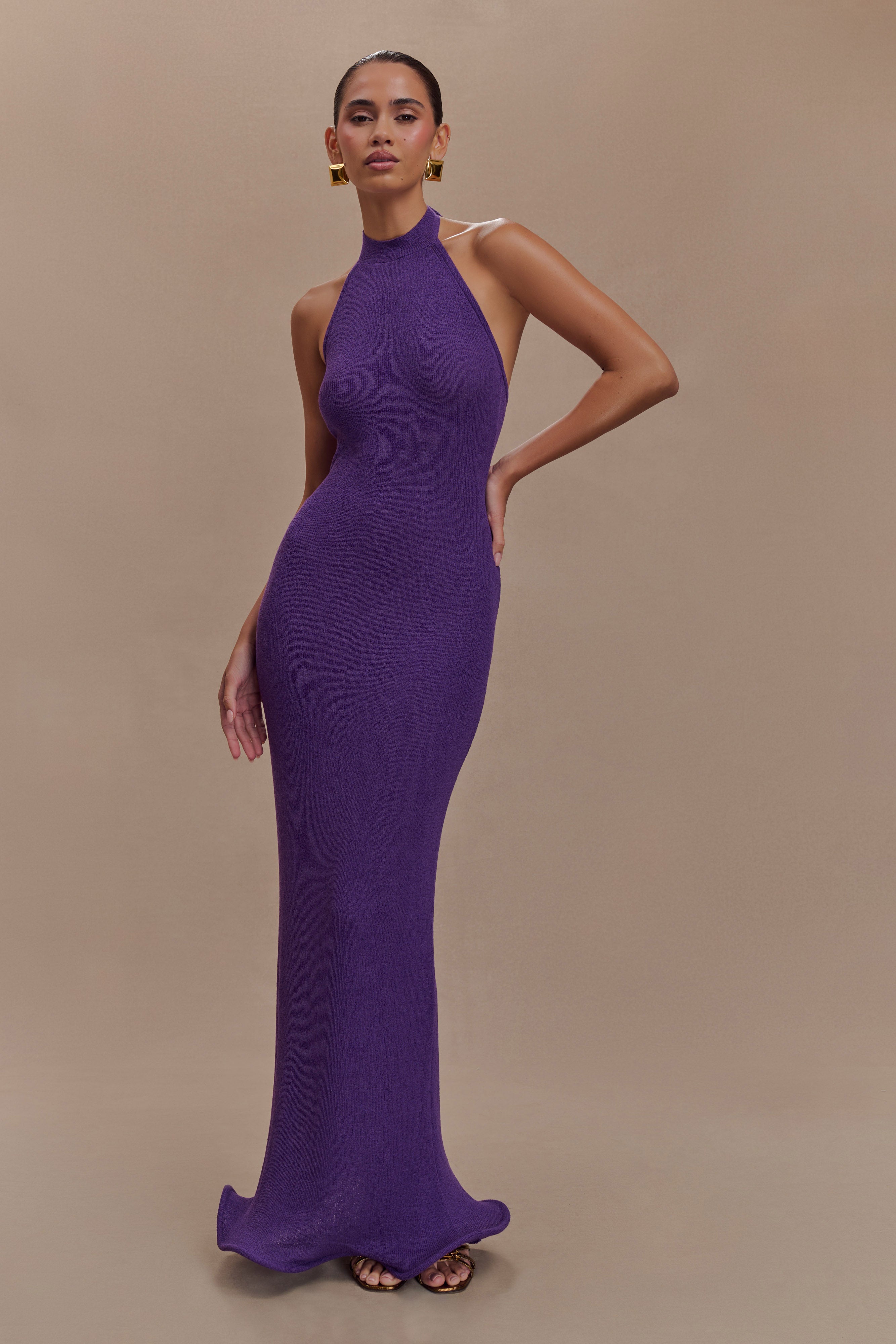 Midi Dress Purple Halter Dress Long Melodie Halter Knit Maxi Dress
