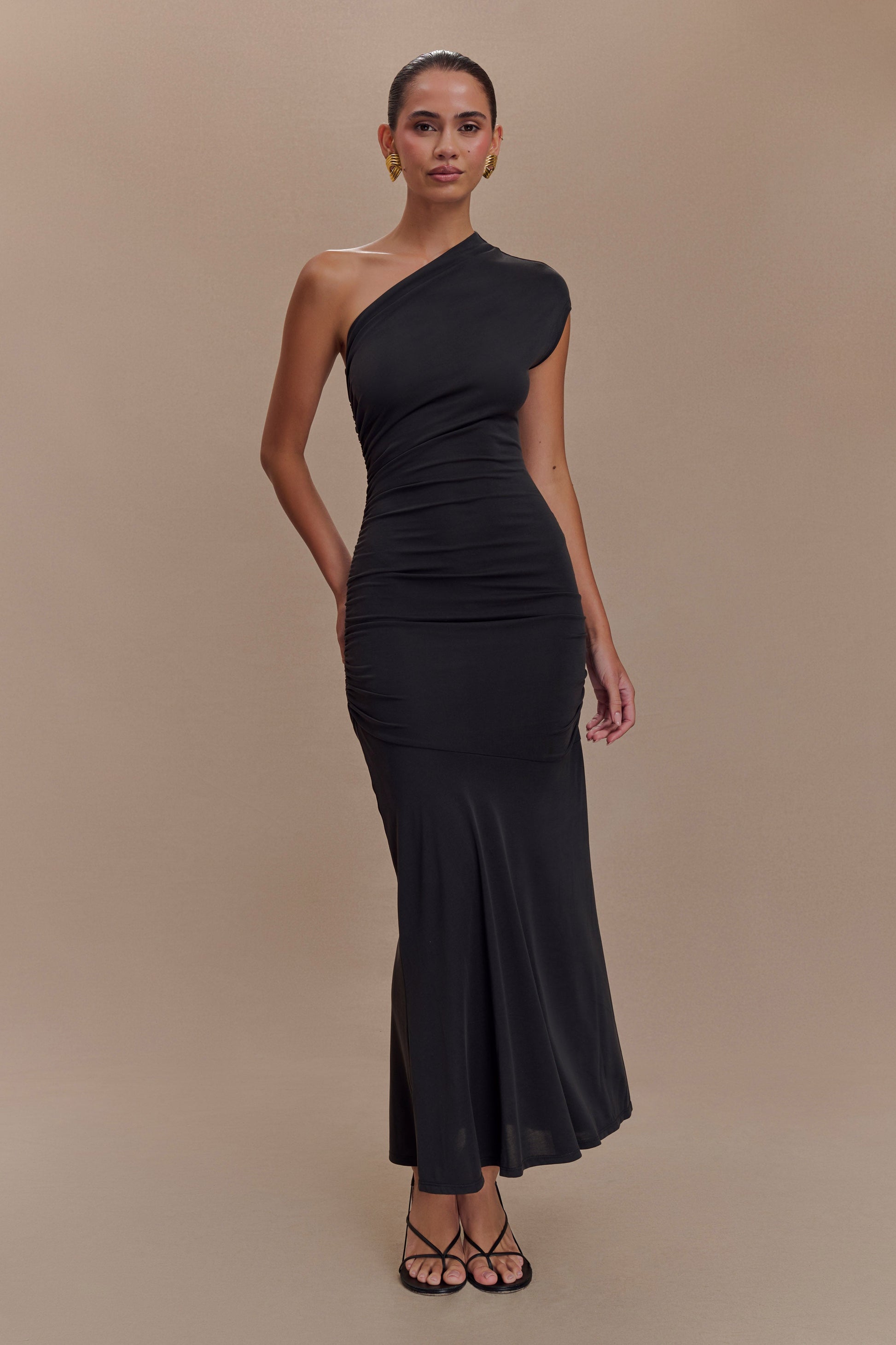 Chloe Peached Jersey One Shoulder Midi Dress - Black - View 2 | Shop Formal Dress