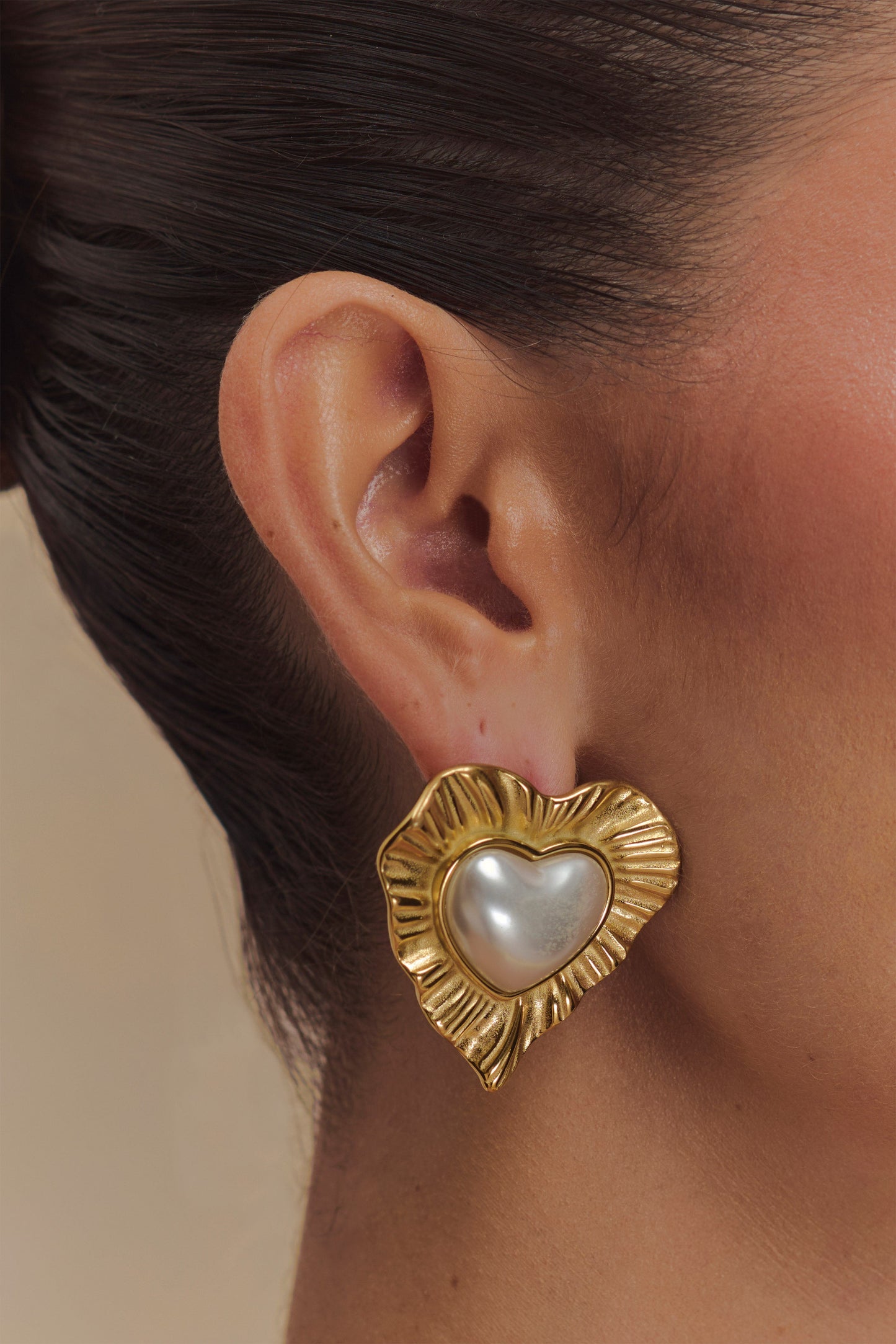 Heart To Heart Pearl Earrings - Gold