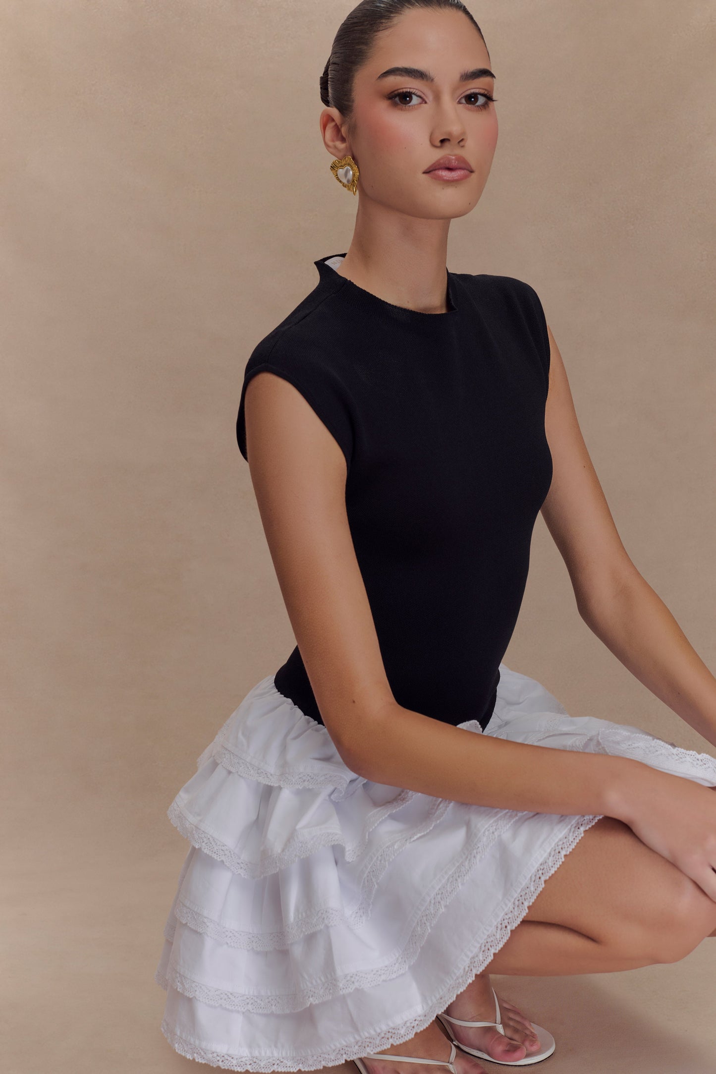 Maeve Contrast Ruffle Knit Mini Dress - Black/White