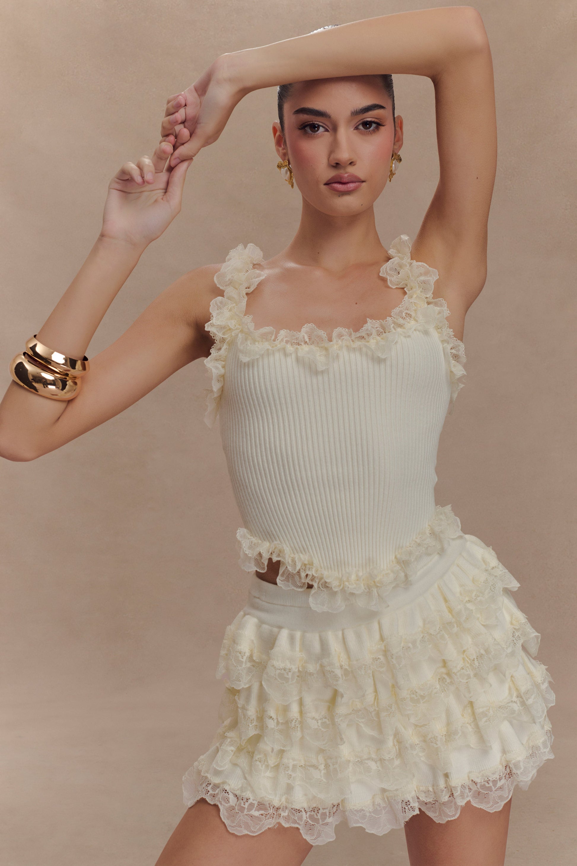 Collective Tops - Shay Lace Ruffle Knit Top - Cream fourth image