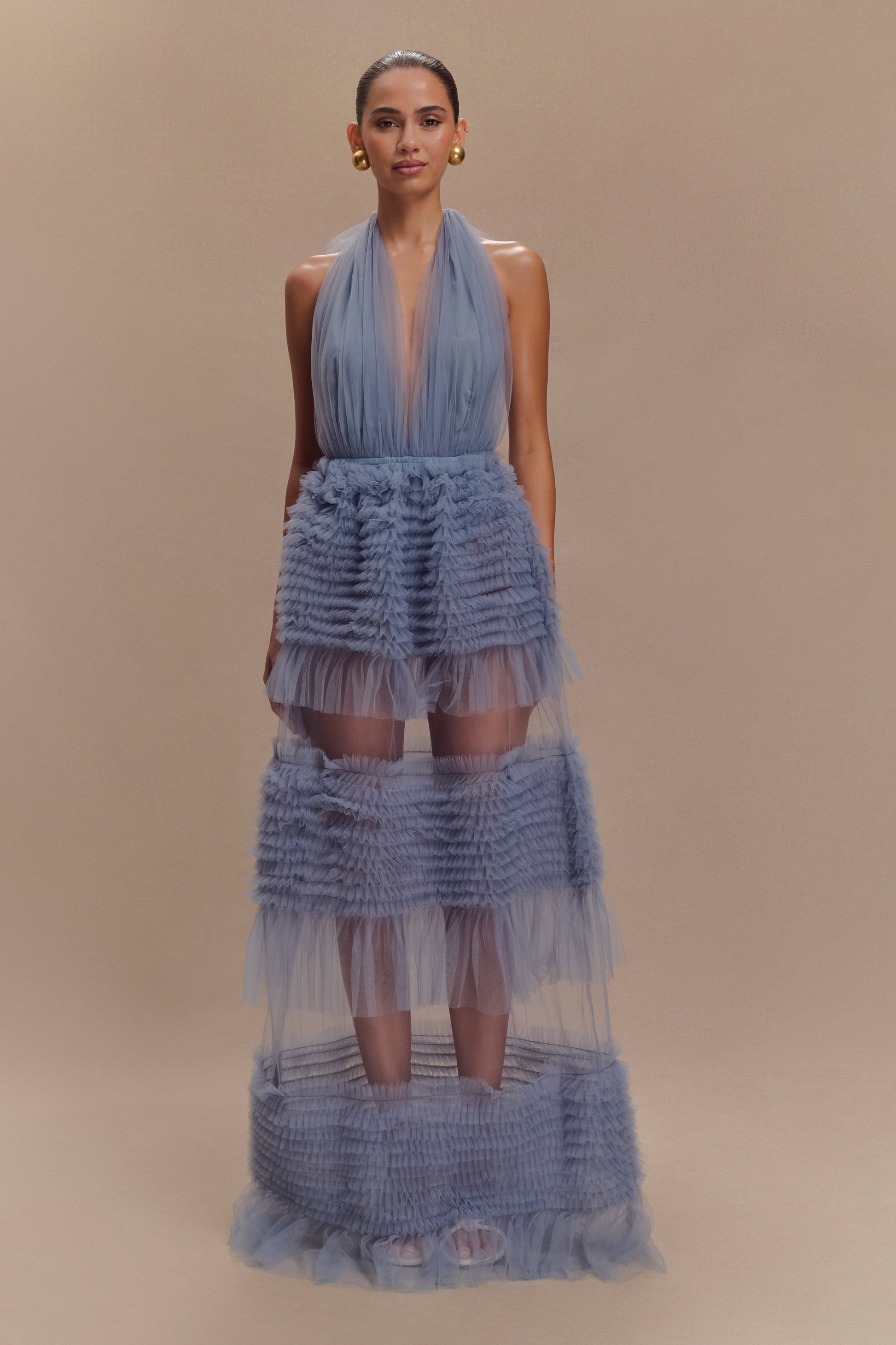 Collective Dress - Minka Mesh Ruffle Halter Maxi Dress - Dusty Blue image 1