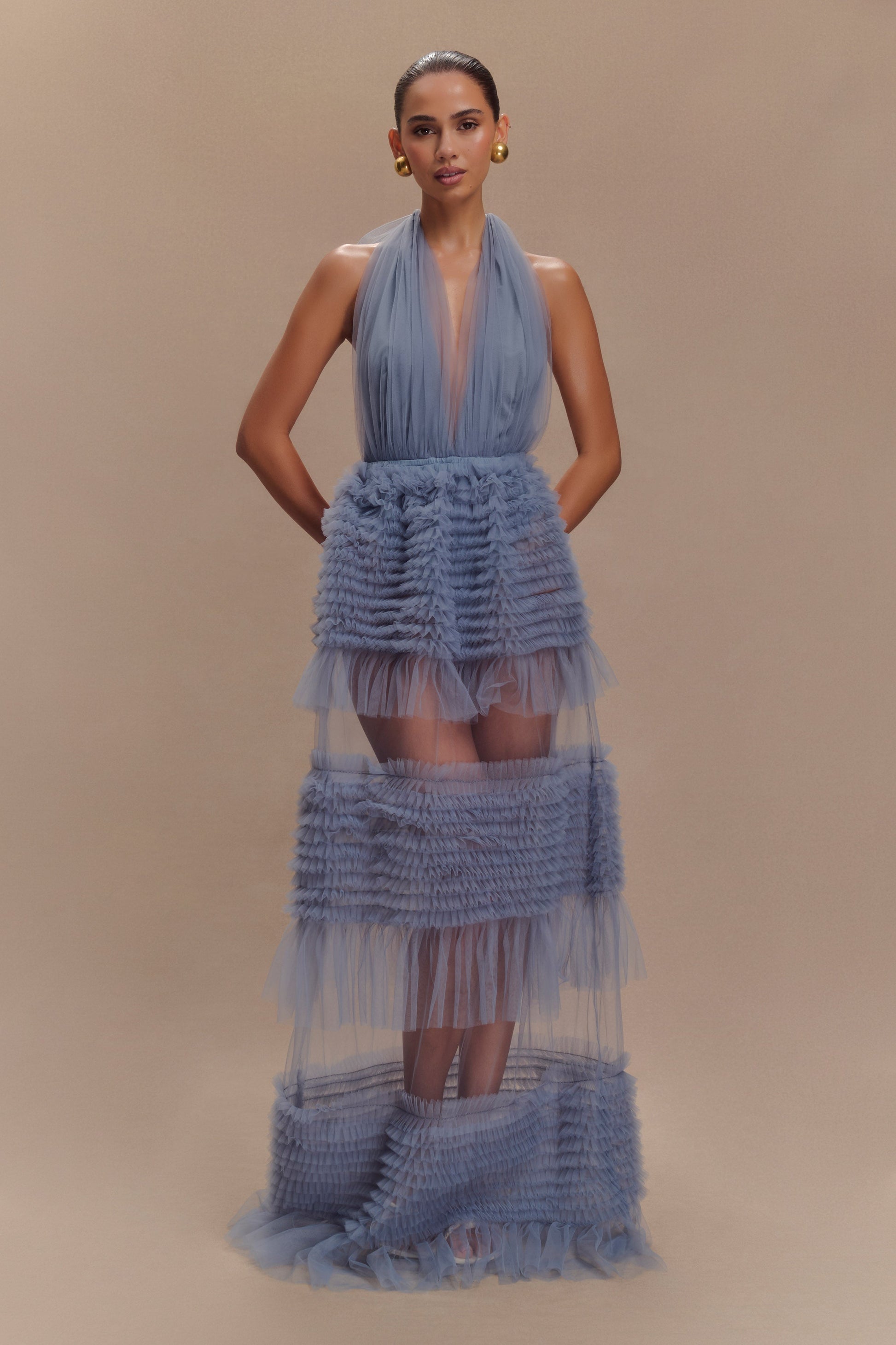 Collective Dress - Minka Mesh Ruffle Halter Maxi Dress - Dusty Blue image 6