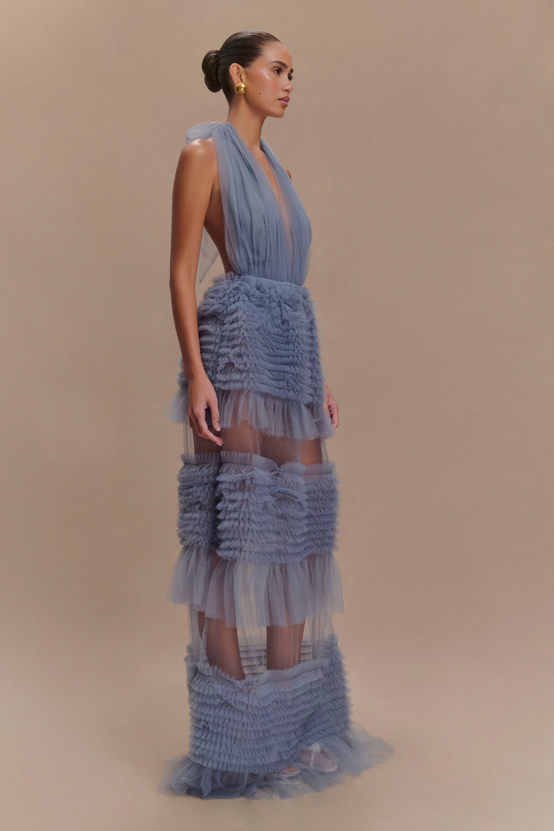 Collective Dress - Minka Mesh Ruffle Halter Maxi Dress - Dusty Blue image 5