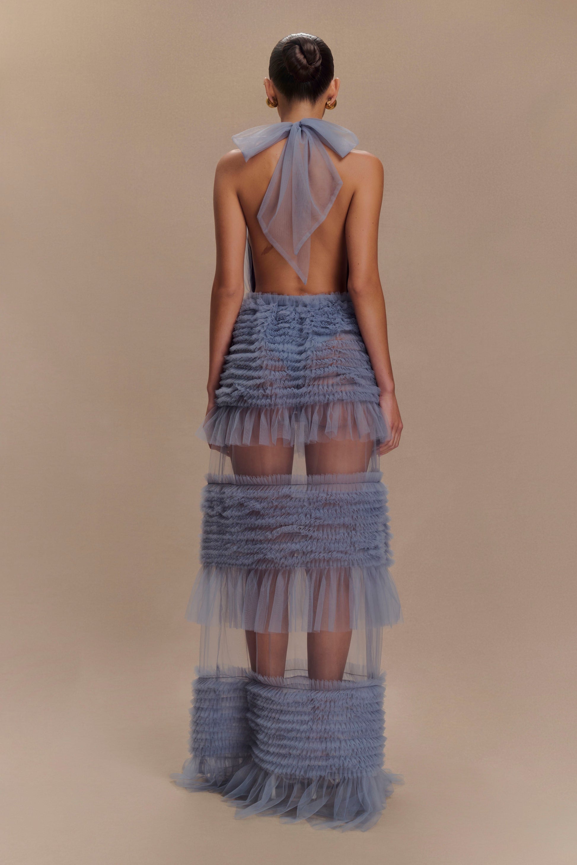 Collective Dress - Minka Mesh Ruffle Halter Maxi Dress - Dusty Blue image 3