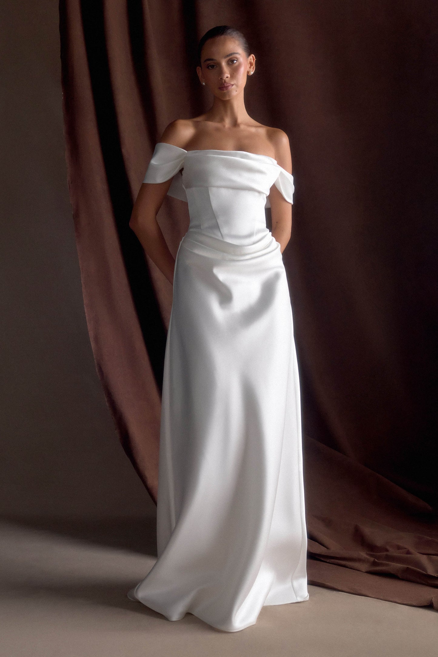 Luna Satin Off Shoulder Gown - White