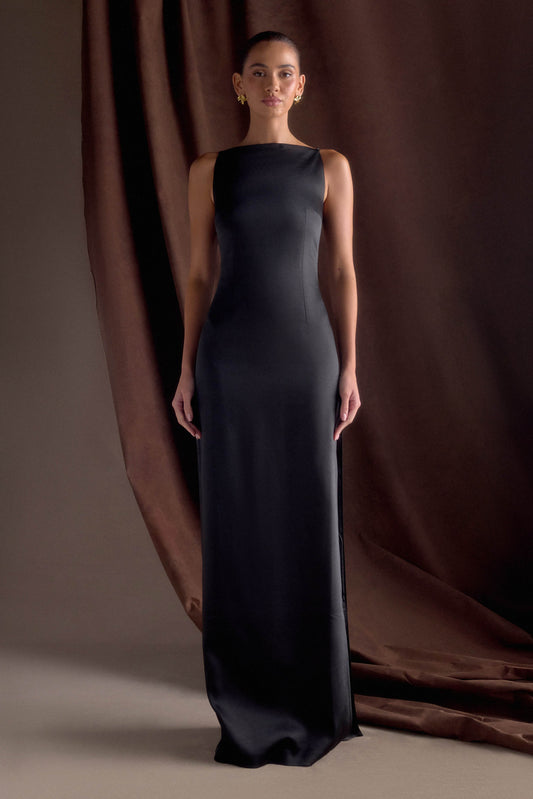 Violet Sleeveless Satin Maxi Dress - Black - View 1 | Shop Formal Dress