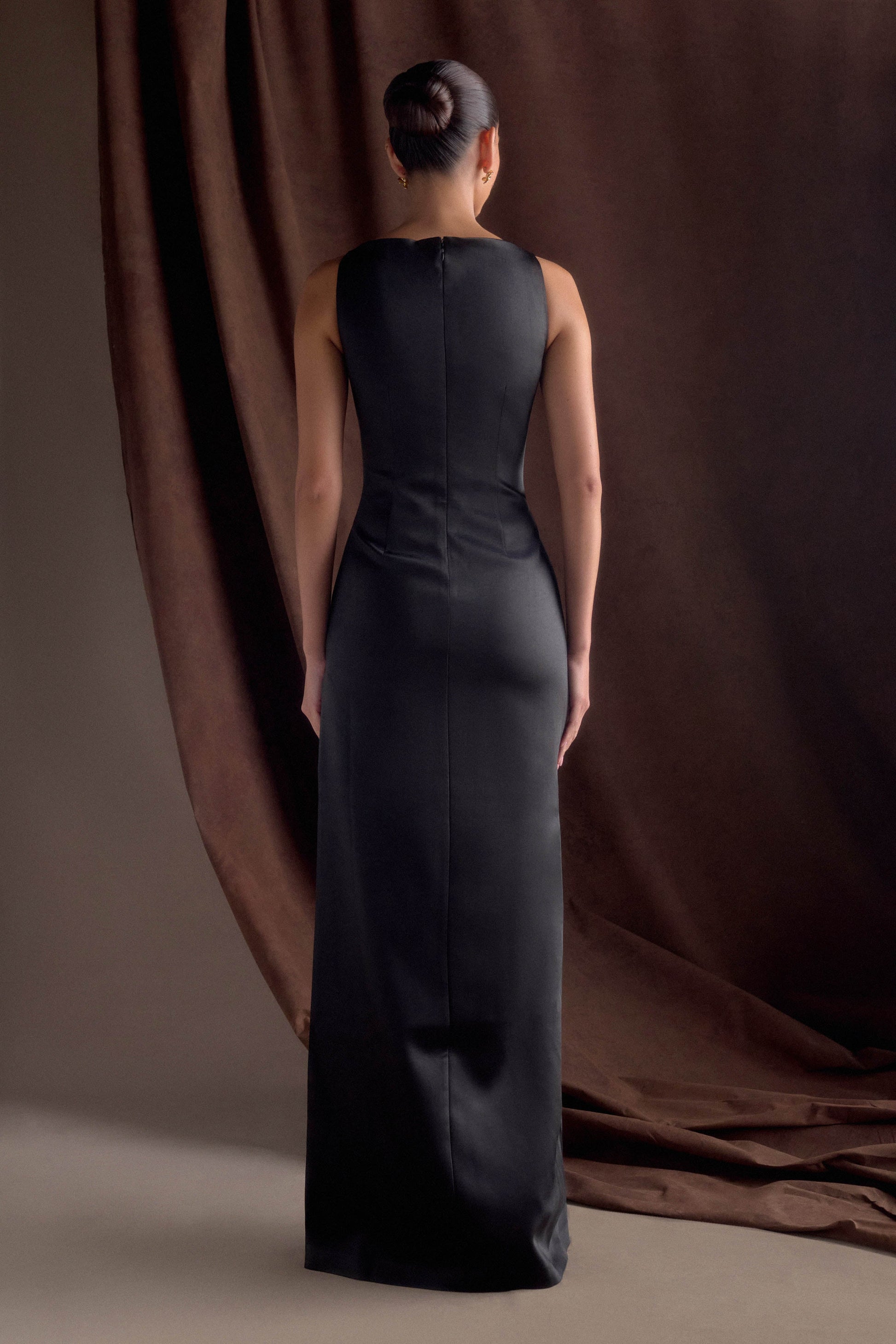 Violet Sleeveless Satin Maxi Dress - Black - View 3 | Shop Formal Dress