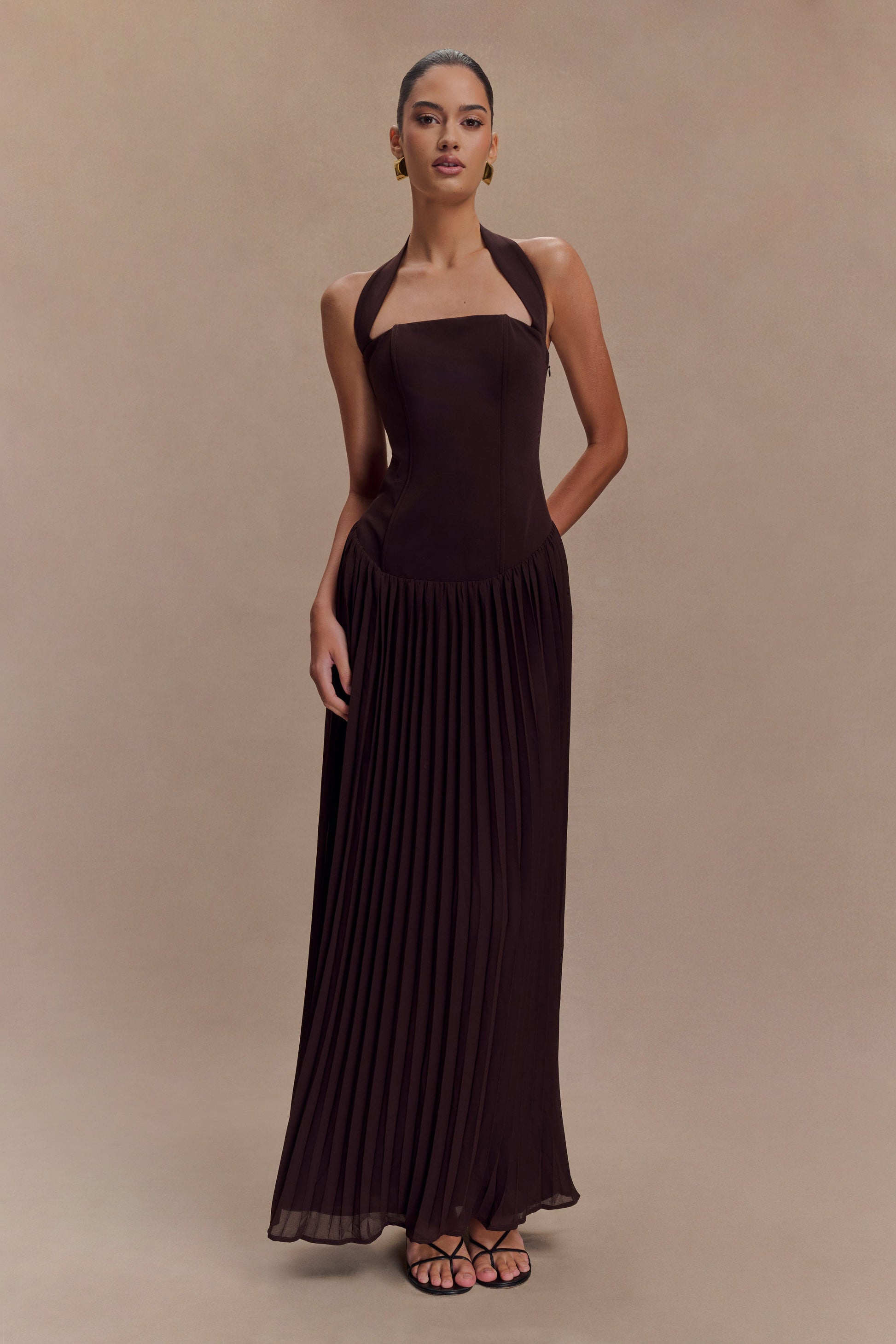 Stacie Pleated Halter Maxi Dress - Cacao - View 1 | Shop Formal Dress