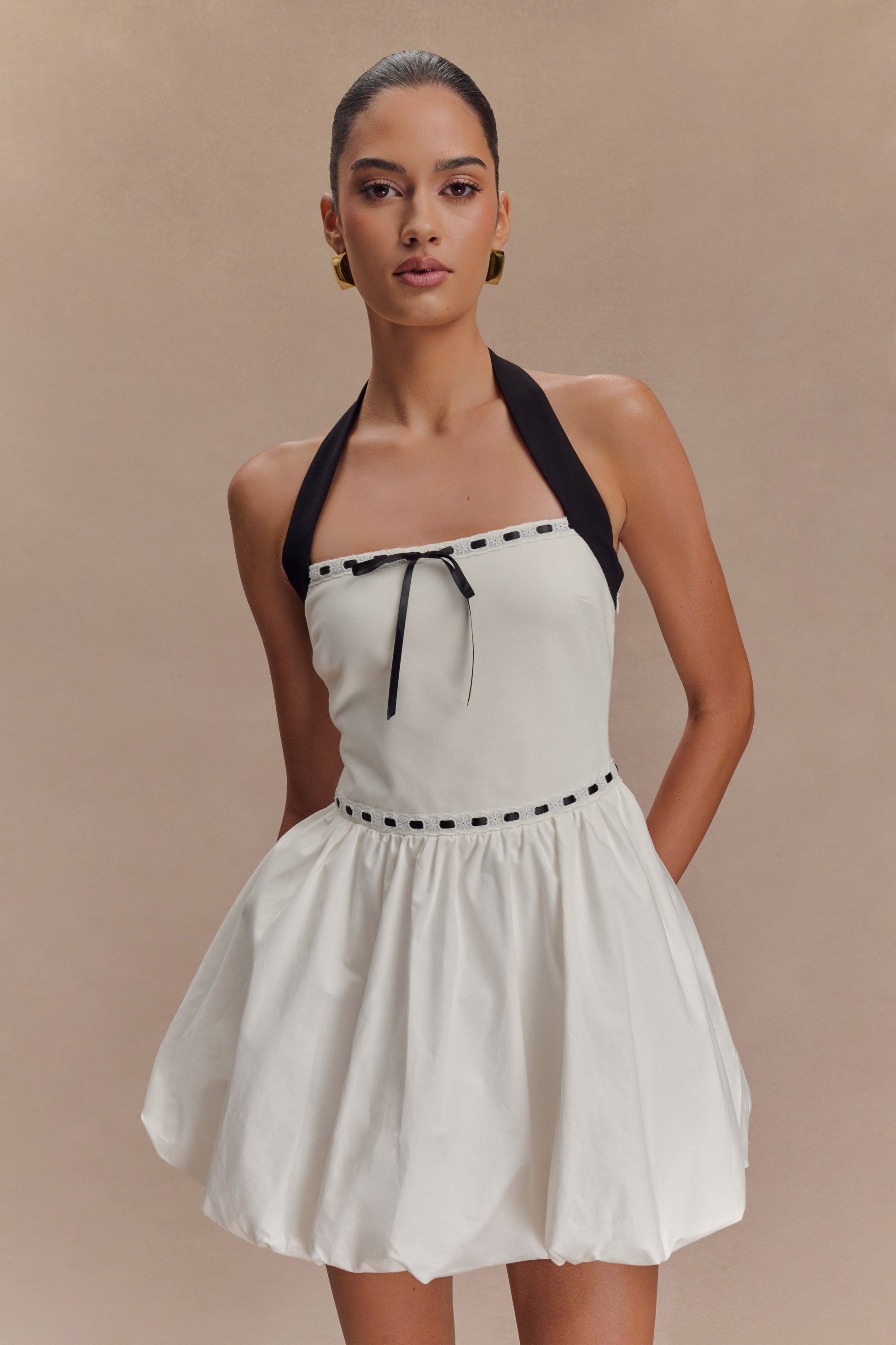 Queenie Halter Bubble Mini Dress - Black/White - Image 2