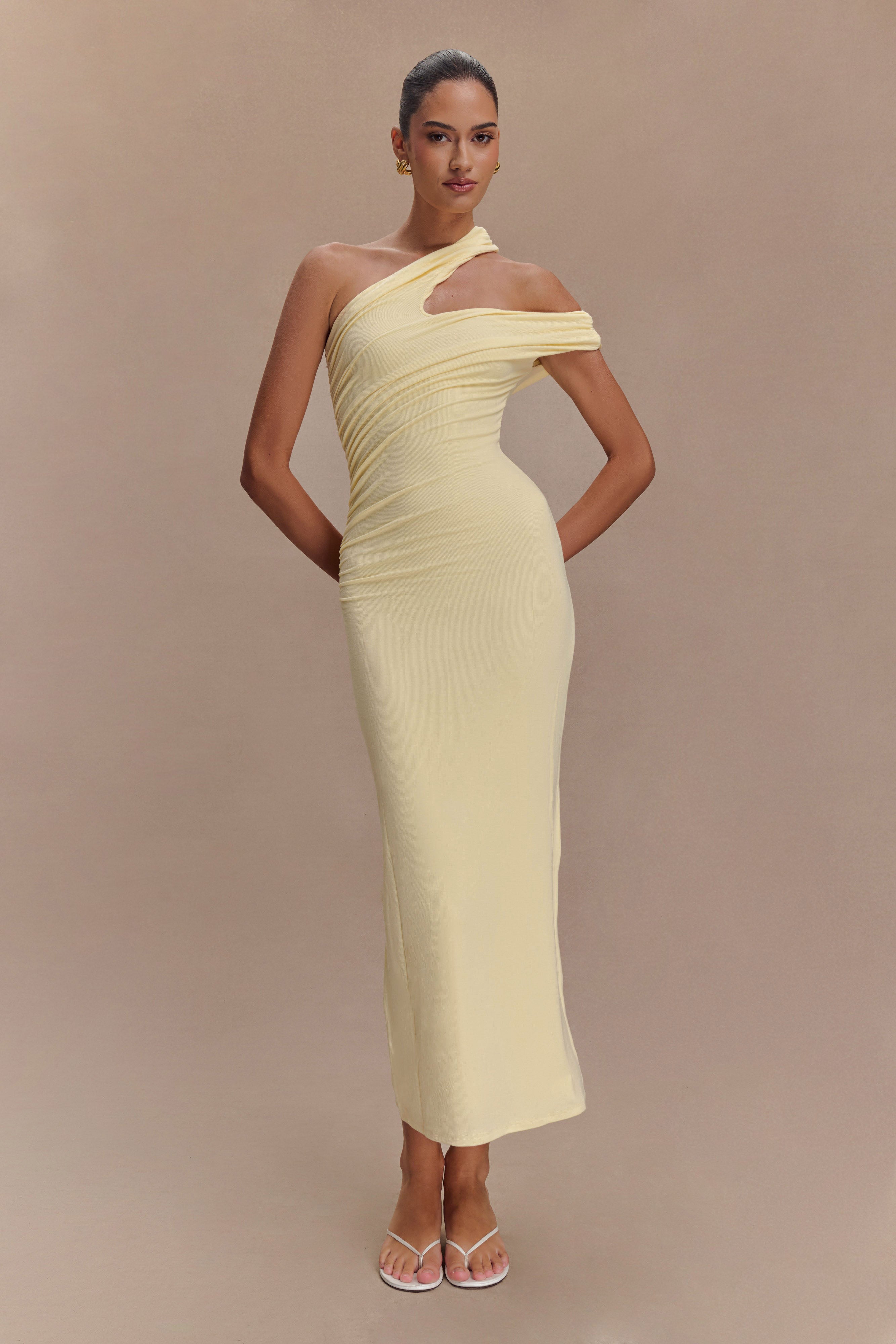 Anastasia One Shoulder Modal Midi Dress - Pale Lemon | MESHKI