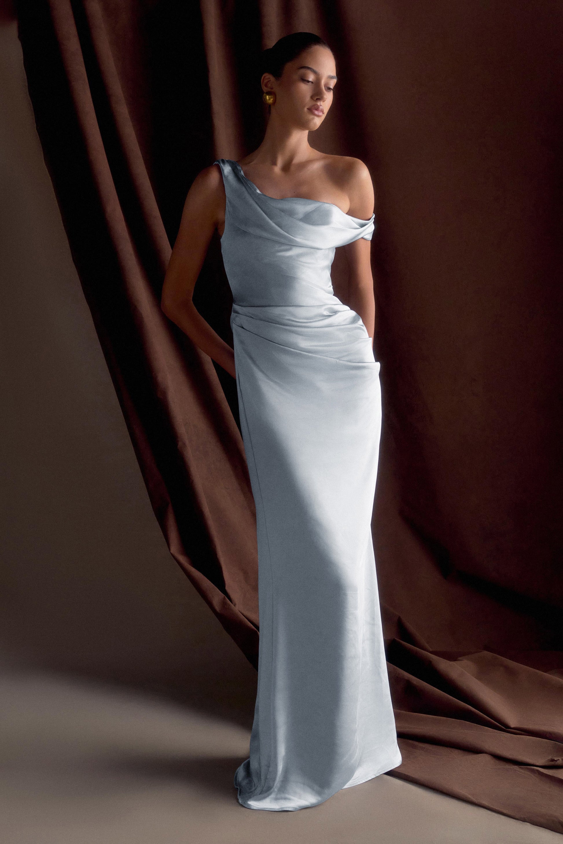 Dalia Off Shoulder Satin Maxi Dress - Frosted Blue - Image 2
