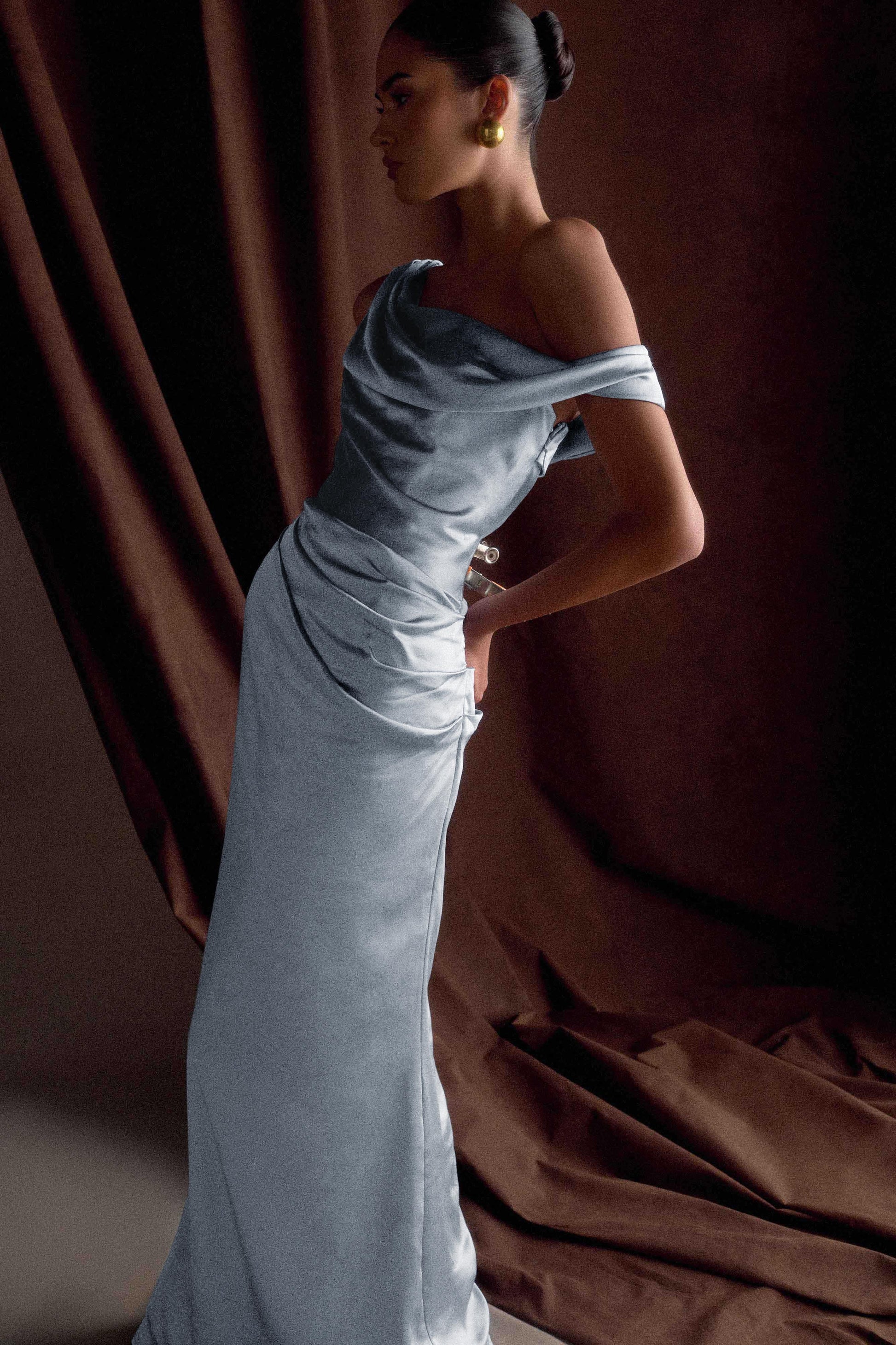 Dalia Off Shoulder Satin Maxi Dress - Frosted Blue - View 4 | Shop Formal Dress